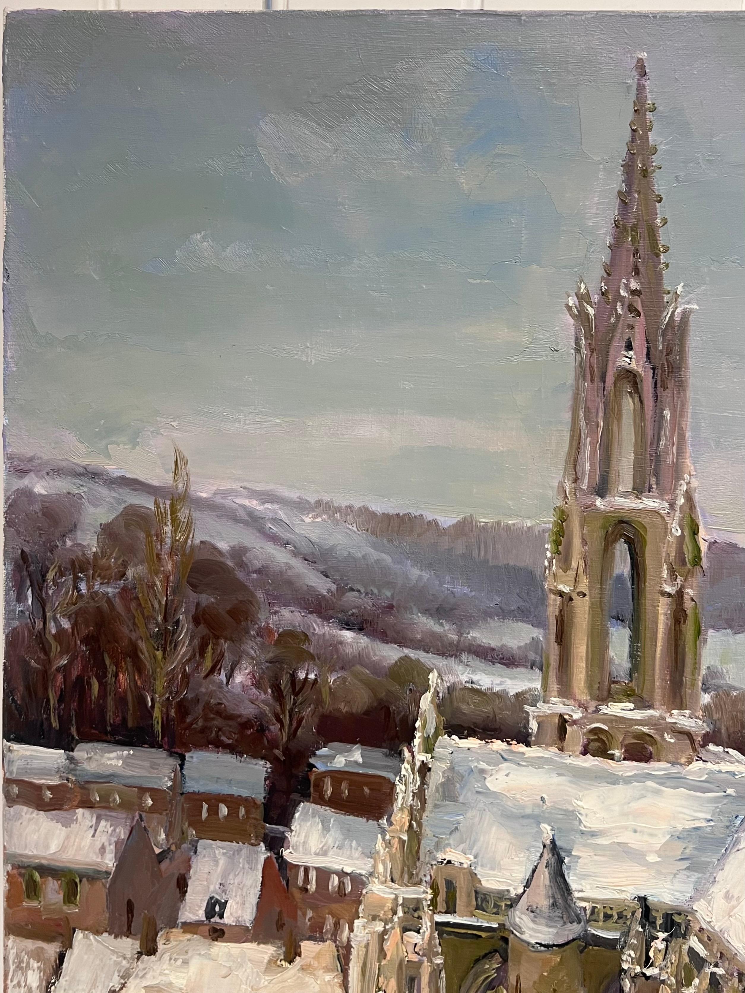 Snow Covered Cathedral In a Tranquil Winter French Landscape Oil Painting For Sale 4