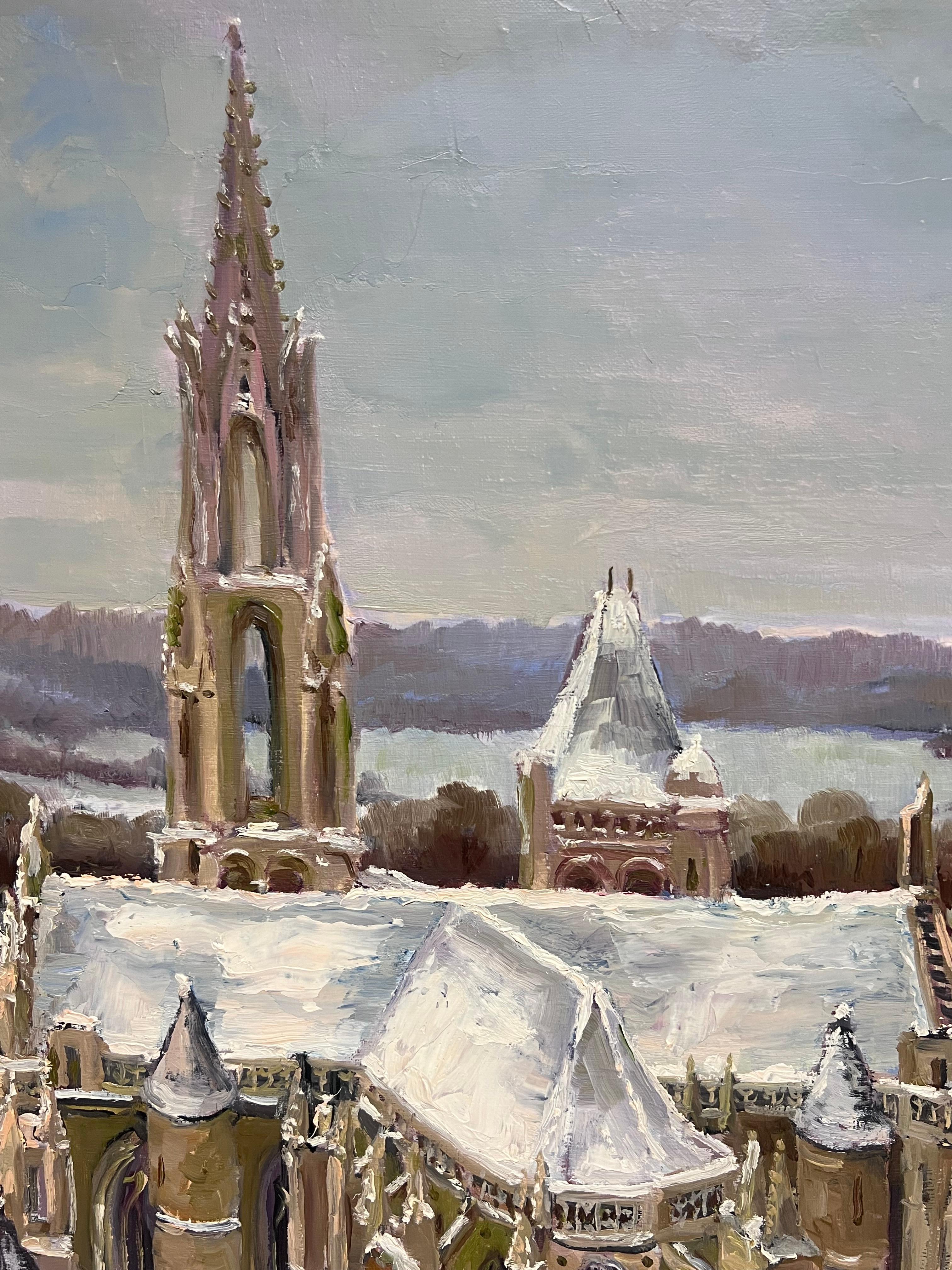 Snow Covered Cathedral In a Tranquil Winter French Landscape Oil Painting For Sale 5
