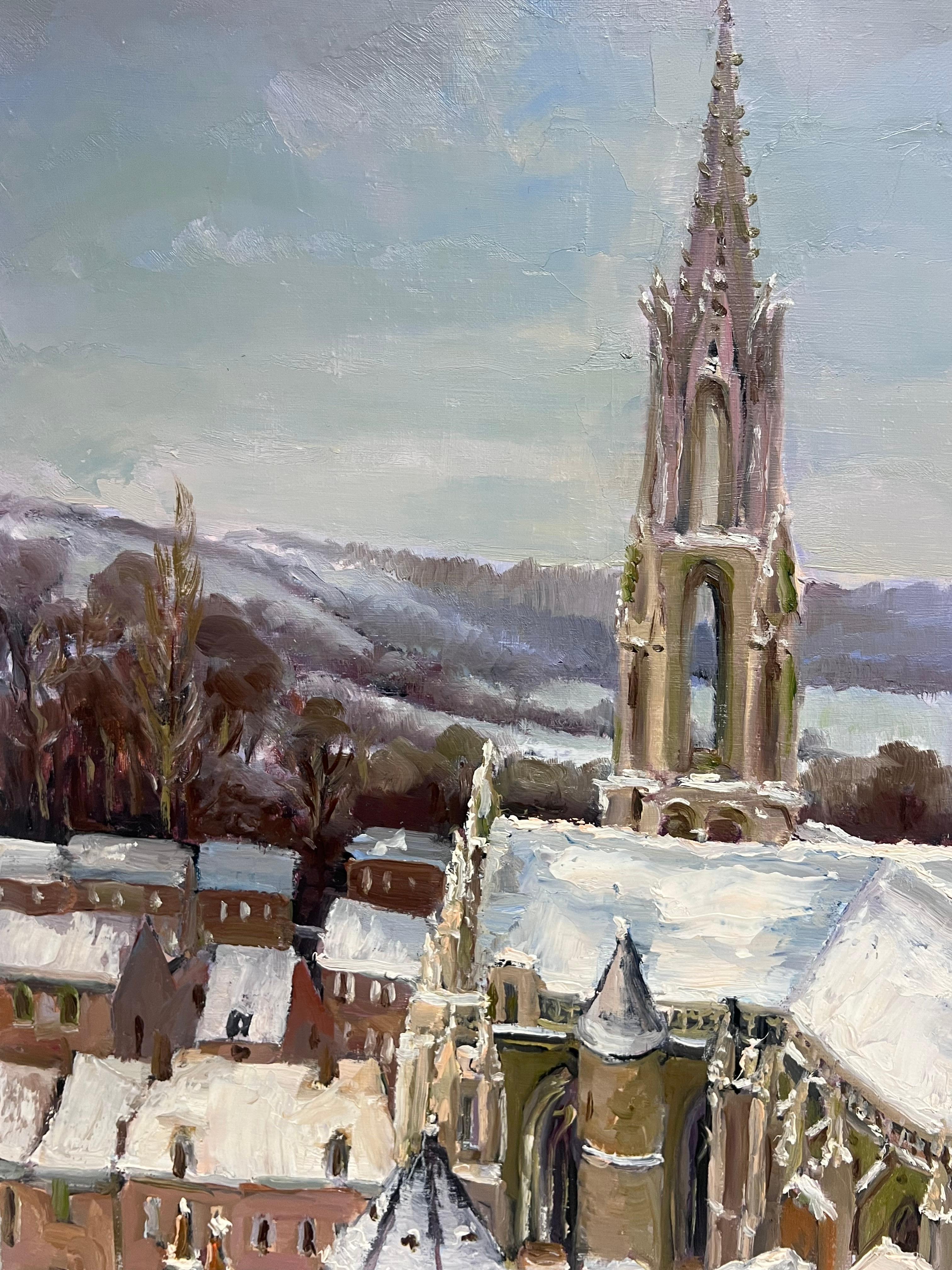 Snow Covered Cathedral In a Tranquil Winter French Landscape Oil Painting For Sale 6