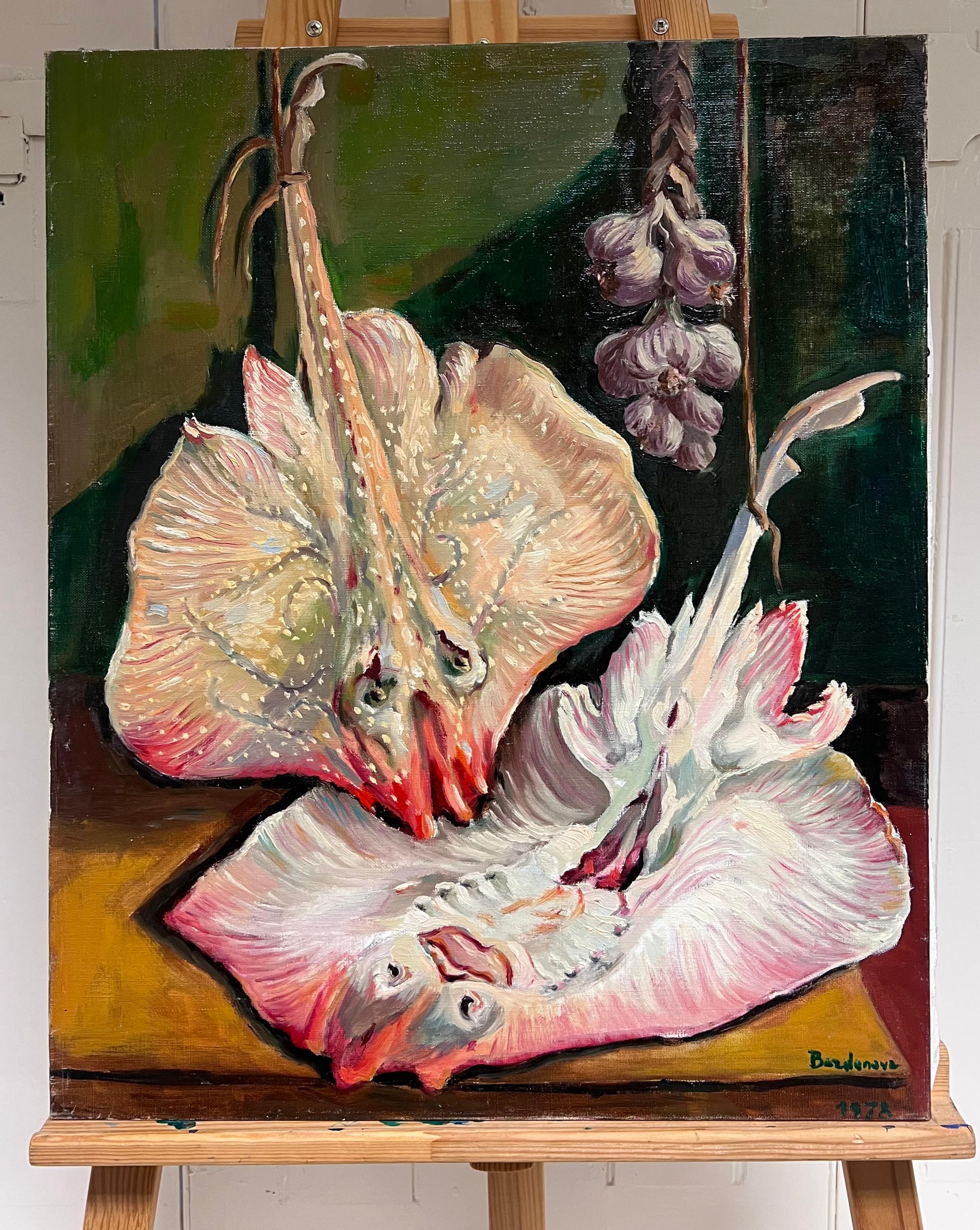 Still Life Fish & Garlic French Impressionist Oil Painting - Black Still-Life Painting by Georges Bordonove