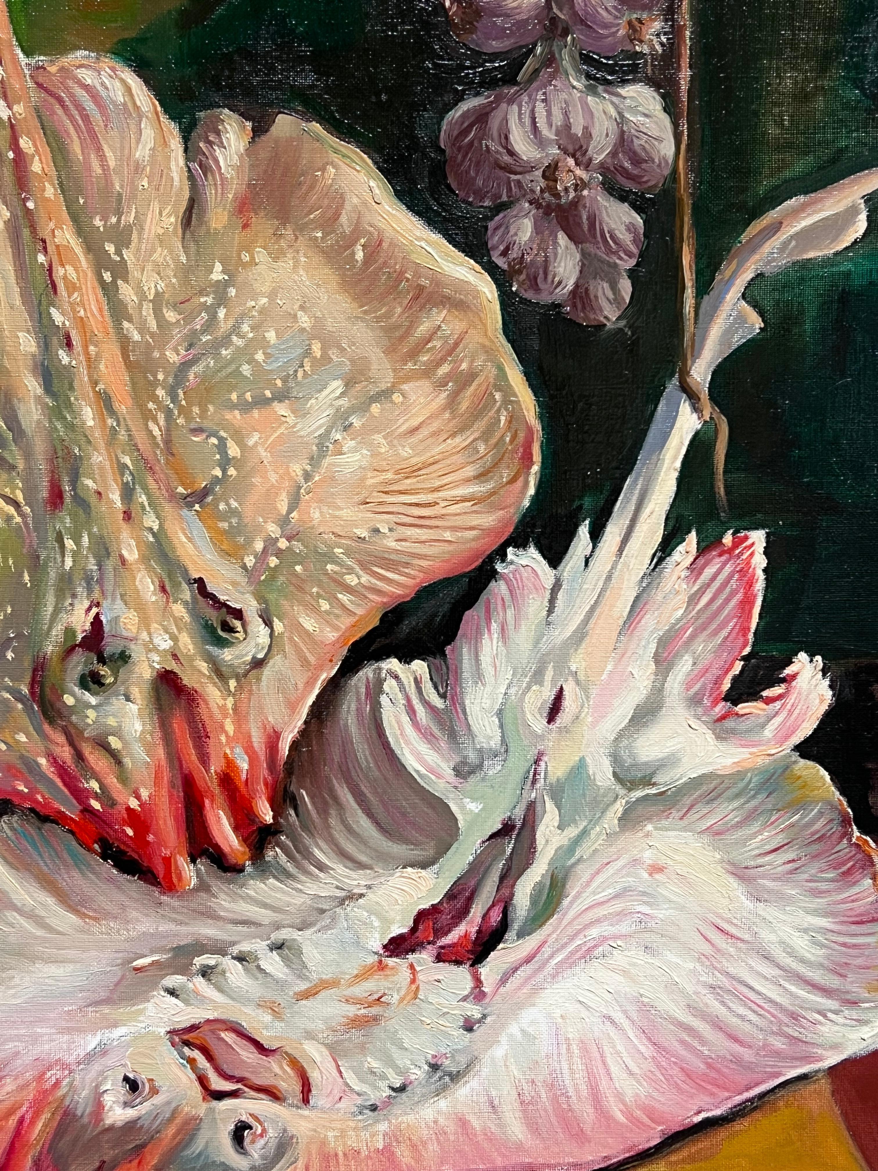 Still Life Fish & Garlic French Impressionist Oil Painting For Sale 3