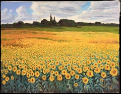 Sunflower Meadow Field Landscape French Impressionist Large Oil Painting