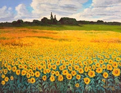 Sunflower Meadow Field Landscape French Impressionist Large Oil Painting