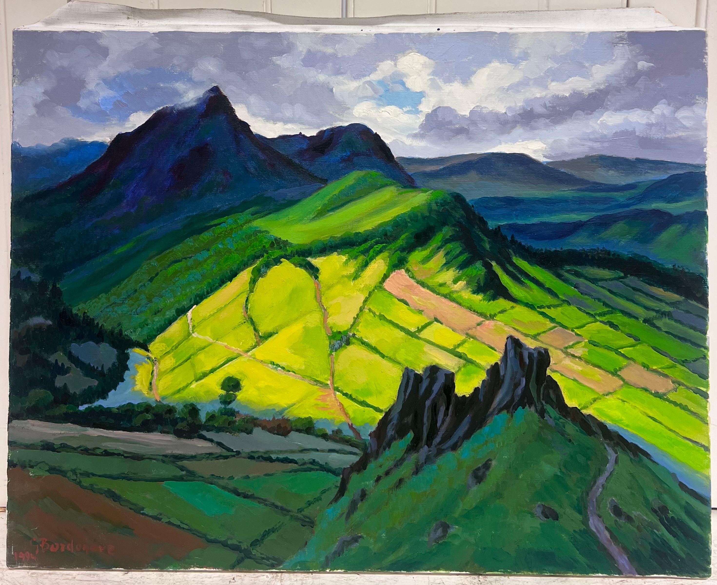 Sonnenbeschienenene Feldern und spiegelnde Spitzen in einem Bergahorn-Ölgemälde, Französisch – Painting von Georges Bordonove