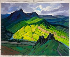 Campos iluminados por el sol y picos sombreados en un óleo francés montañoso