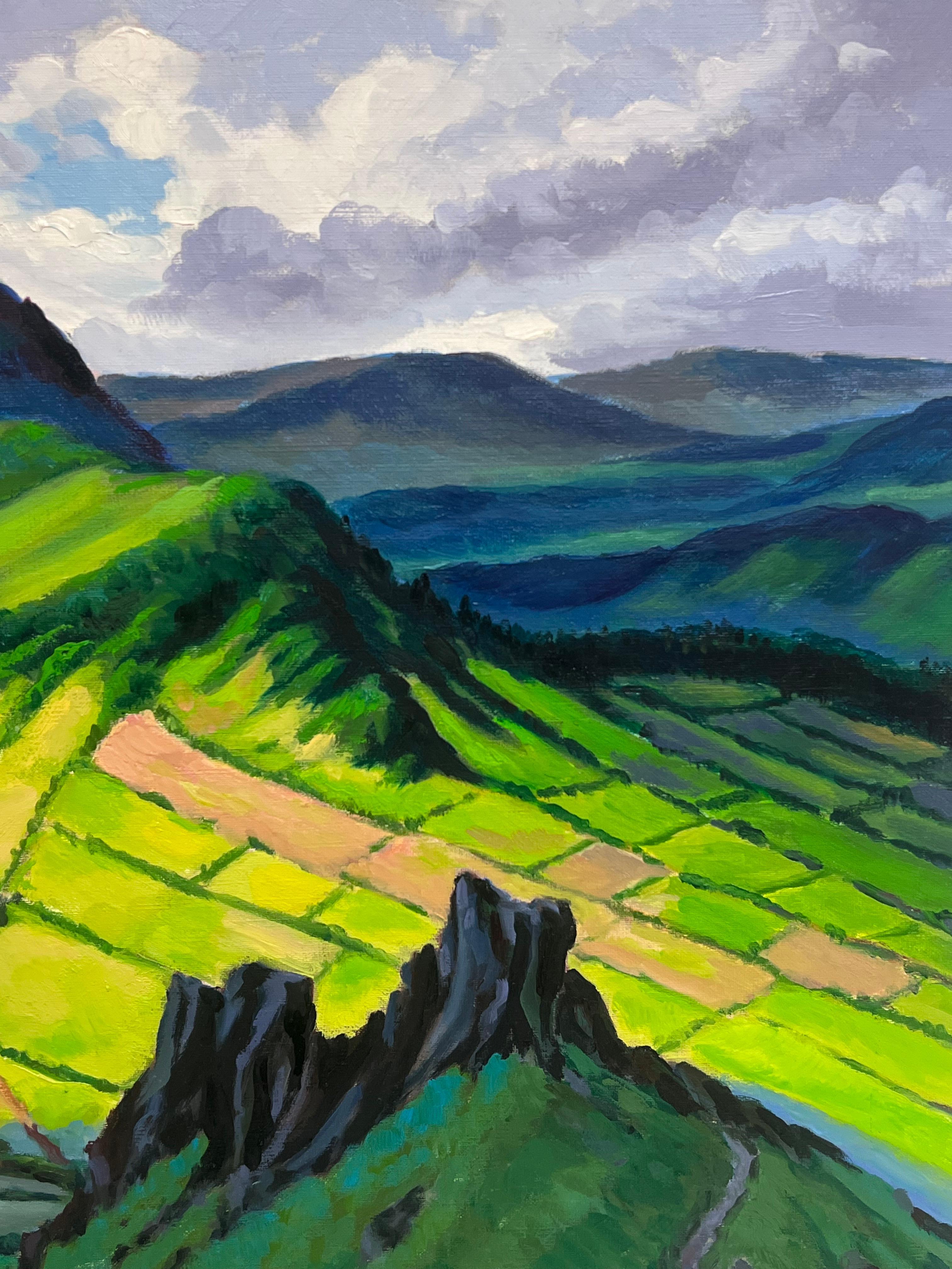 Sonnenbeschienenene Feldern und spiegelnde Spitzen in einem Bergahorn-Ölgemälde, Französisch (Impressionismus), Painting, von Georges Bordonove