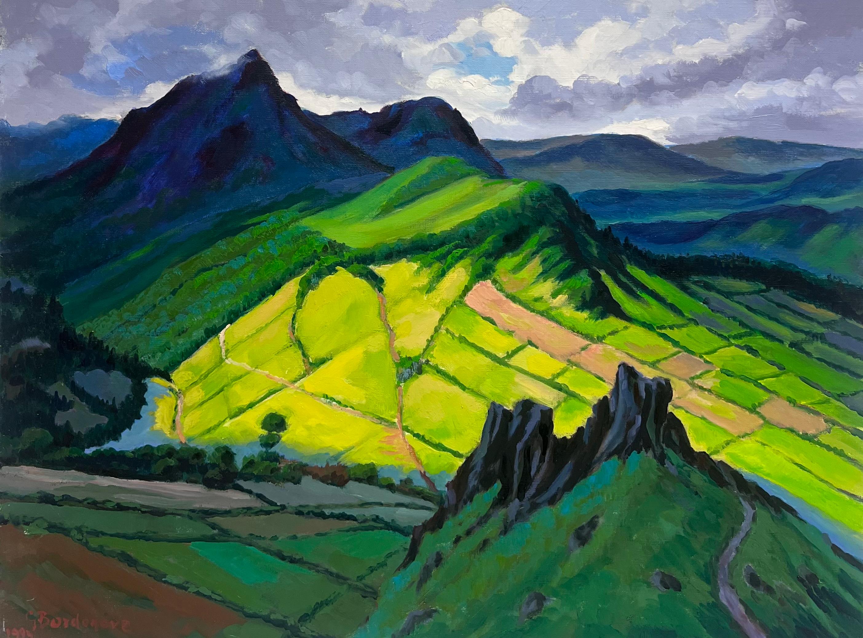 Sonnenbeschienenene Feldern und spiegelnde Spitzen in einem Bergahorn-Ölgemälde, Französisch