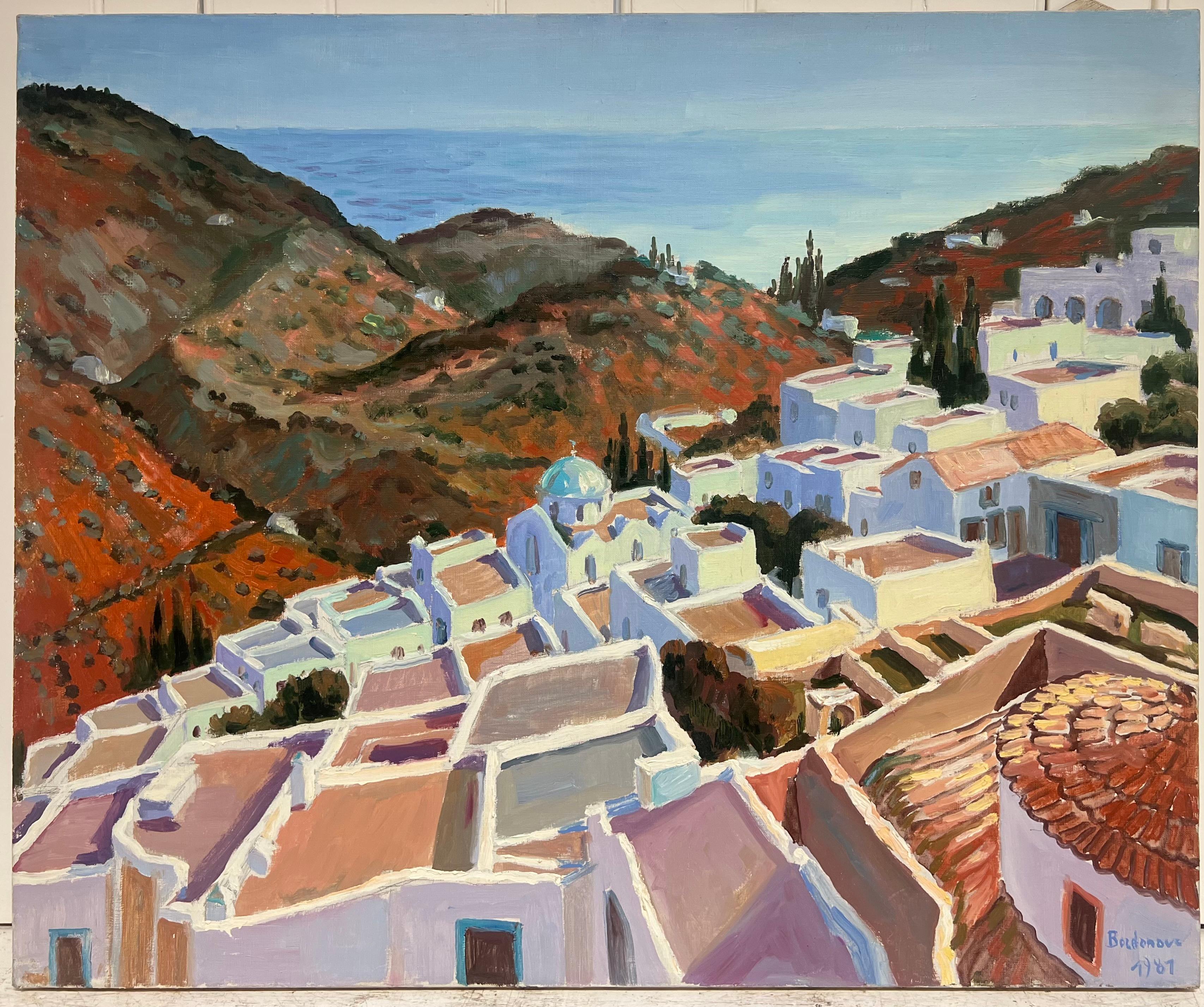 Azotea griega iluminada por el sol con vistas a la costa griega Pintura al óleo - Painting de Georges Bordonove