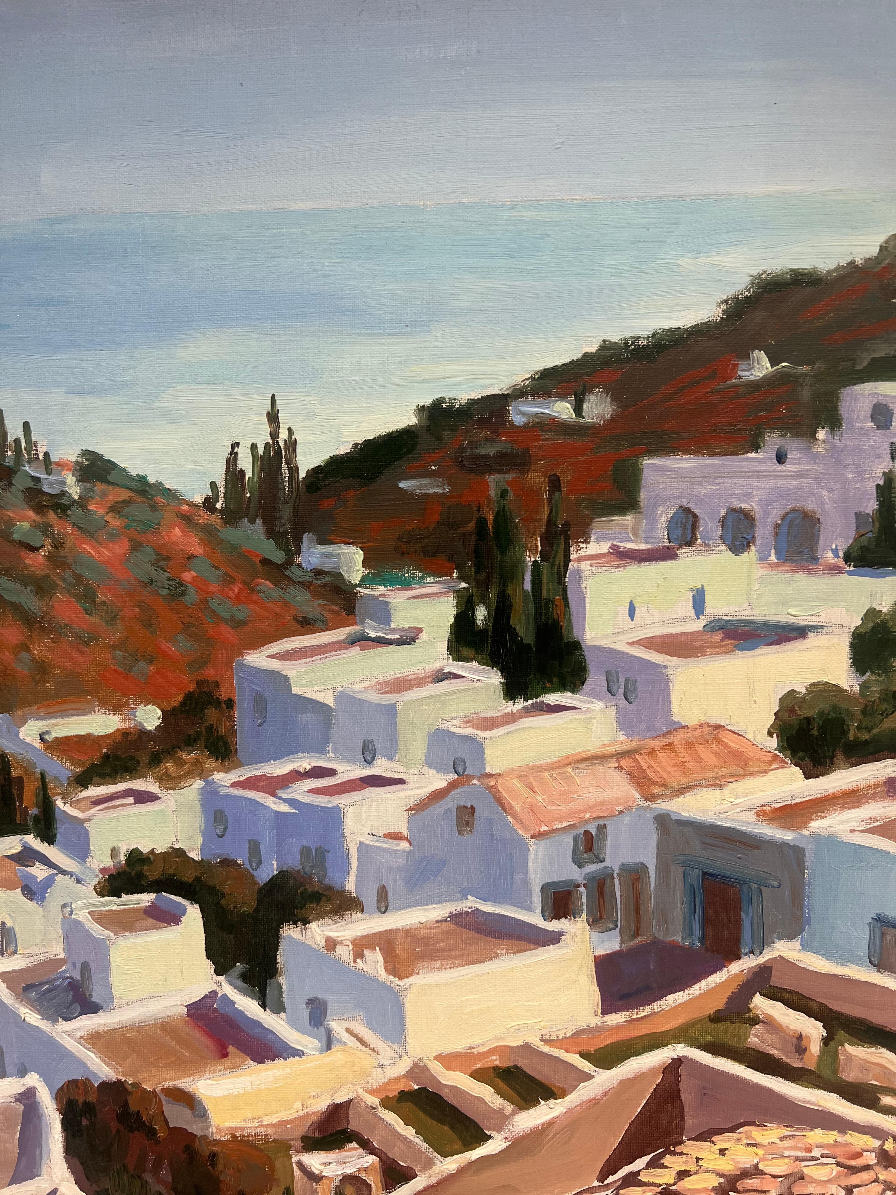 Azotea griega iluminada por el sol con vistas a la costa griega Pintura al óleo en venta 1