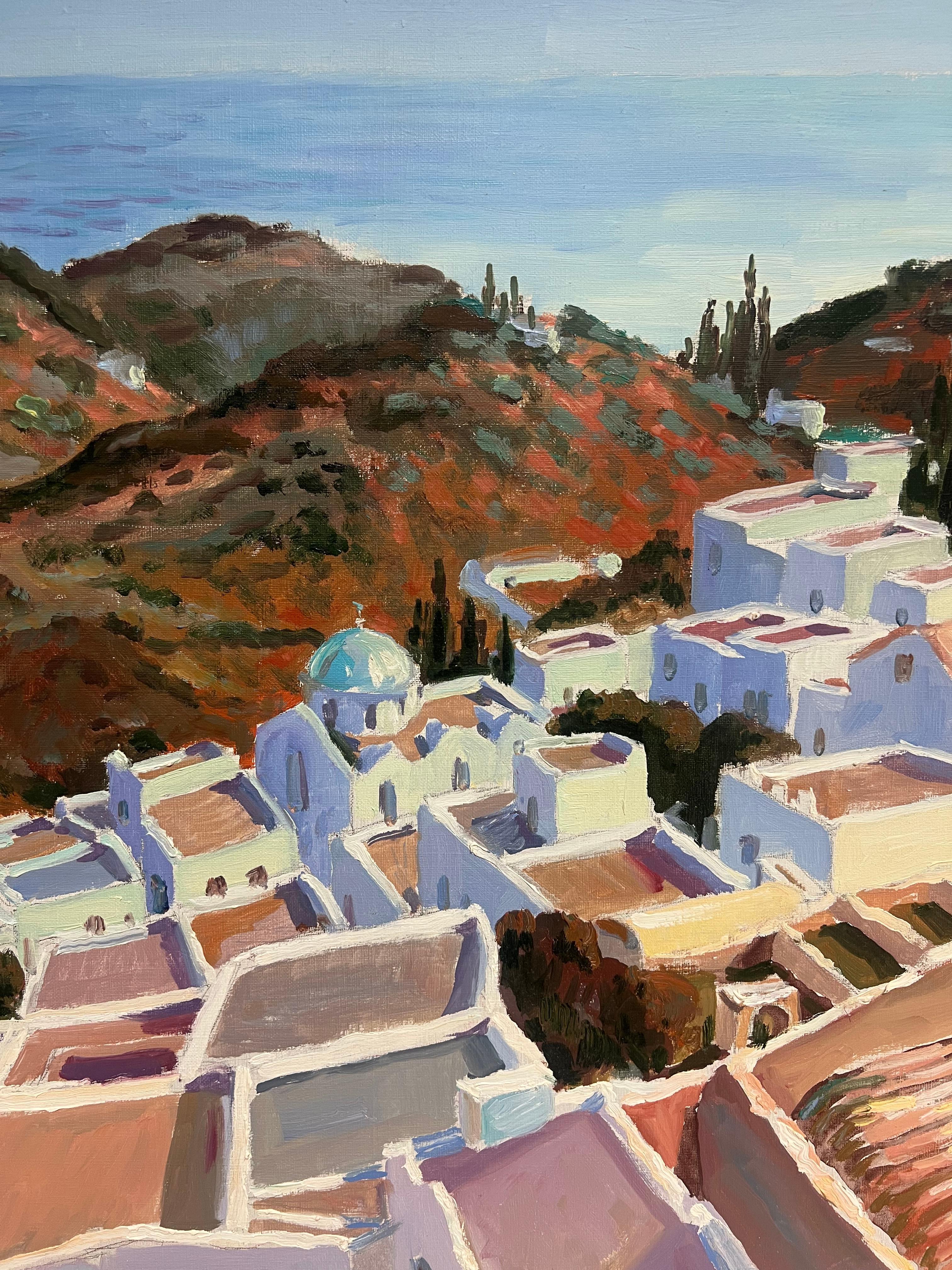 Azotea griega iluminada por el sol con vistas a la costa griega Pintura al óleo en venta 2