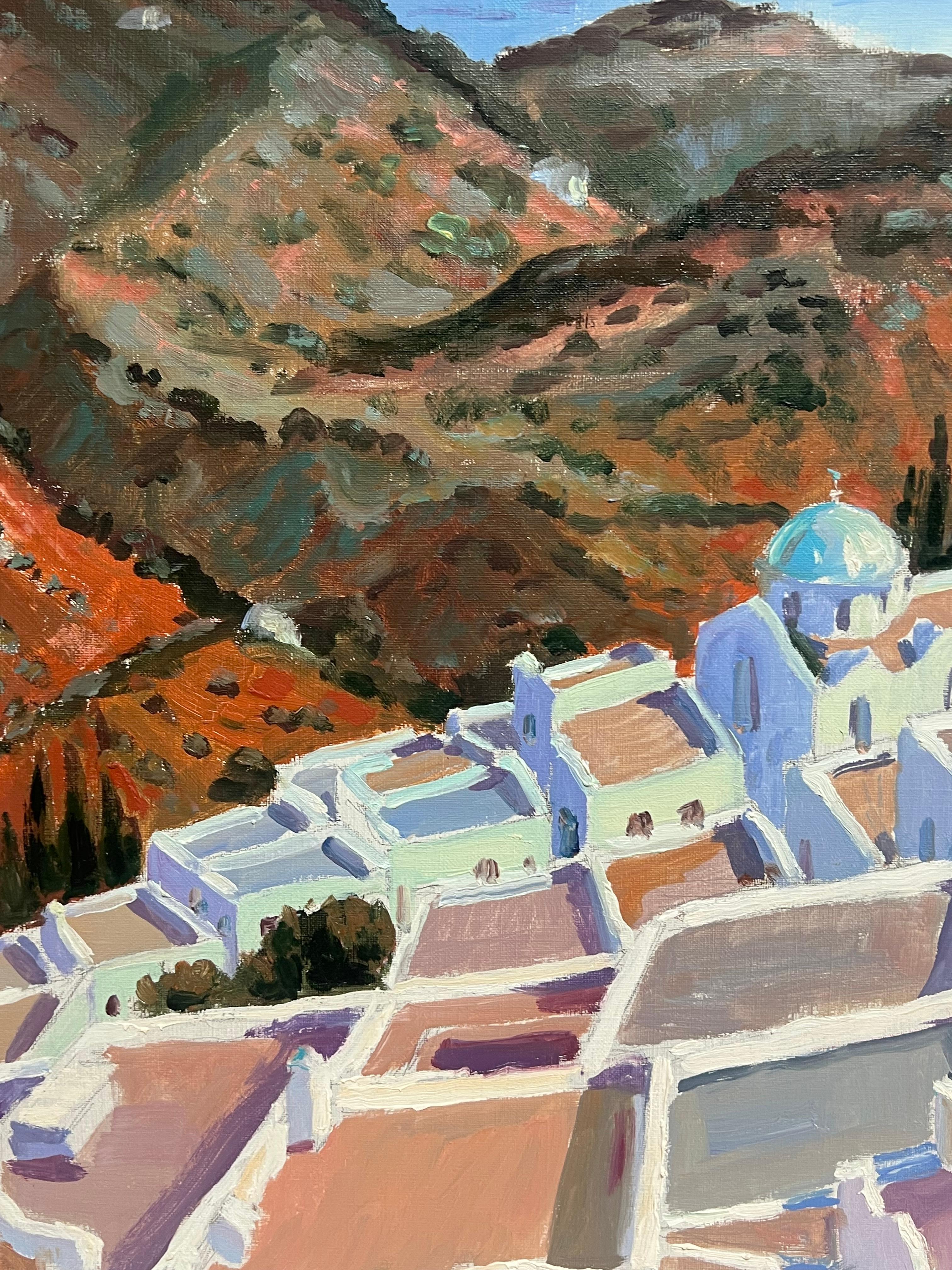 Azotea griega iluminada por el sol con vistas a la costa griega Pintura al óleo en venta 3