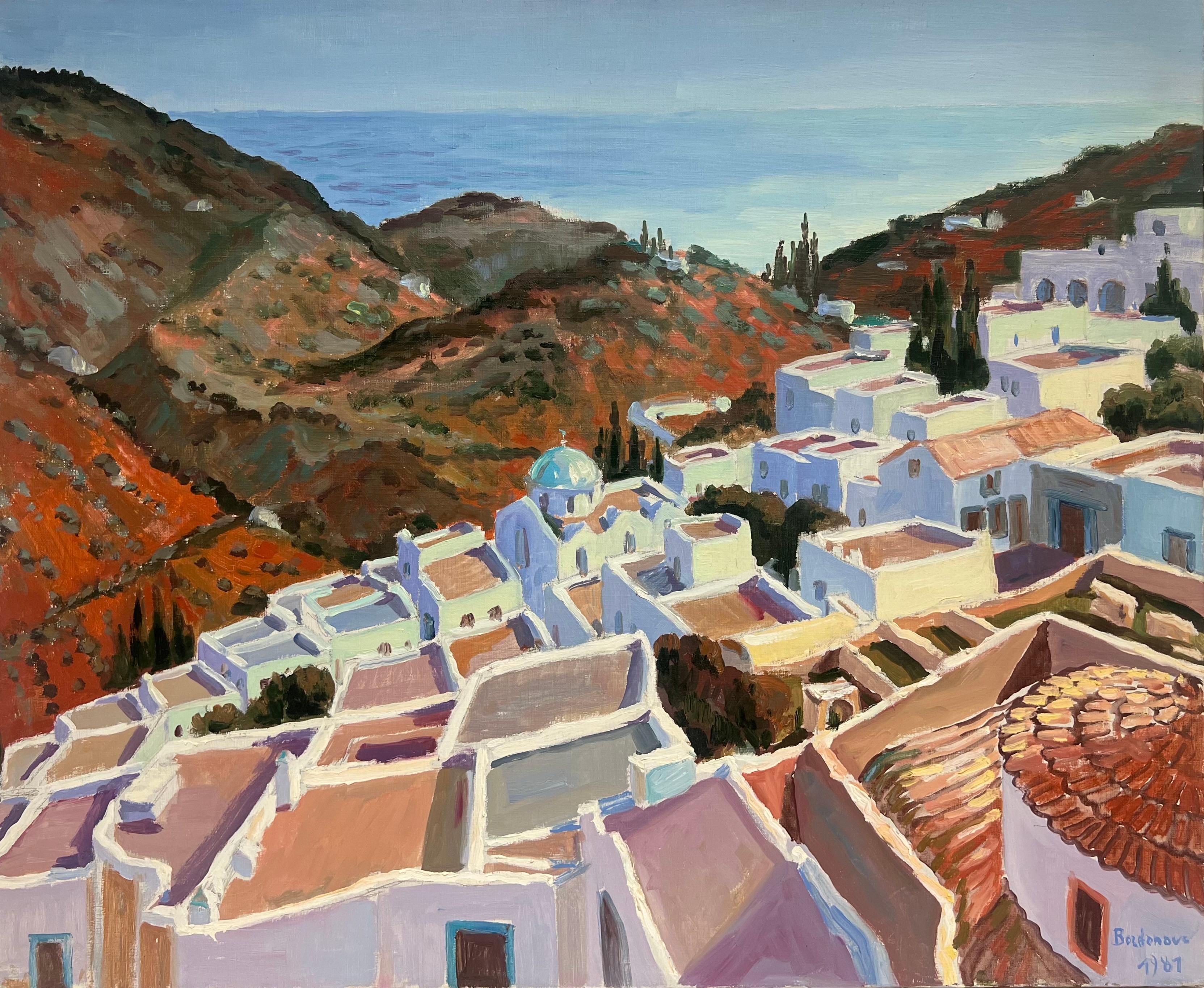 Landscape Painting de Georges Bordonove - Azotea griega iluminada por el sol con vistas a la costa griega Pintura al óleo