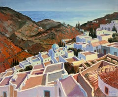 Sunlit Greek Rooftop Village Overlooking The Greek Coastline Oil Painting