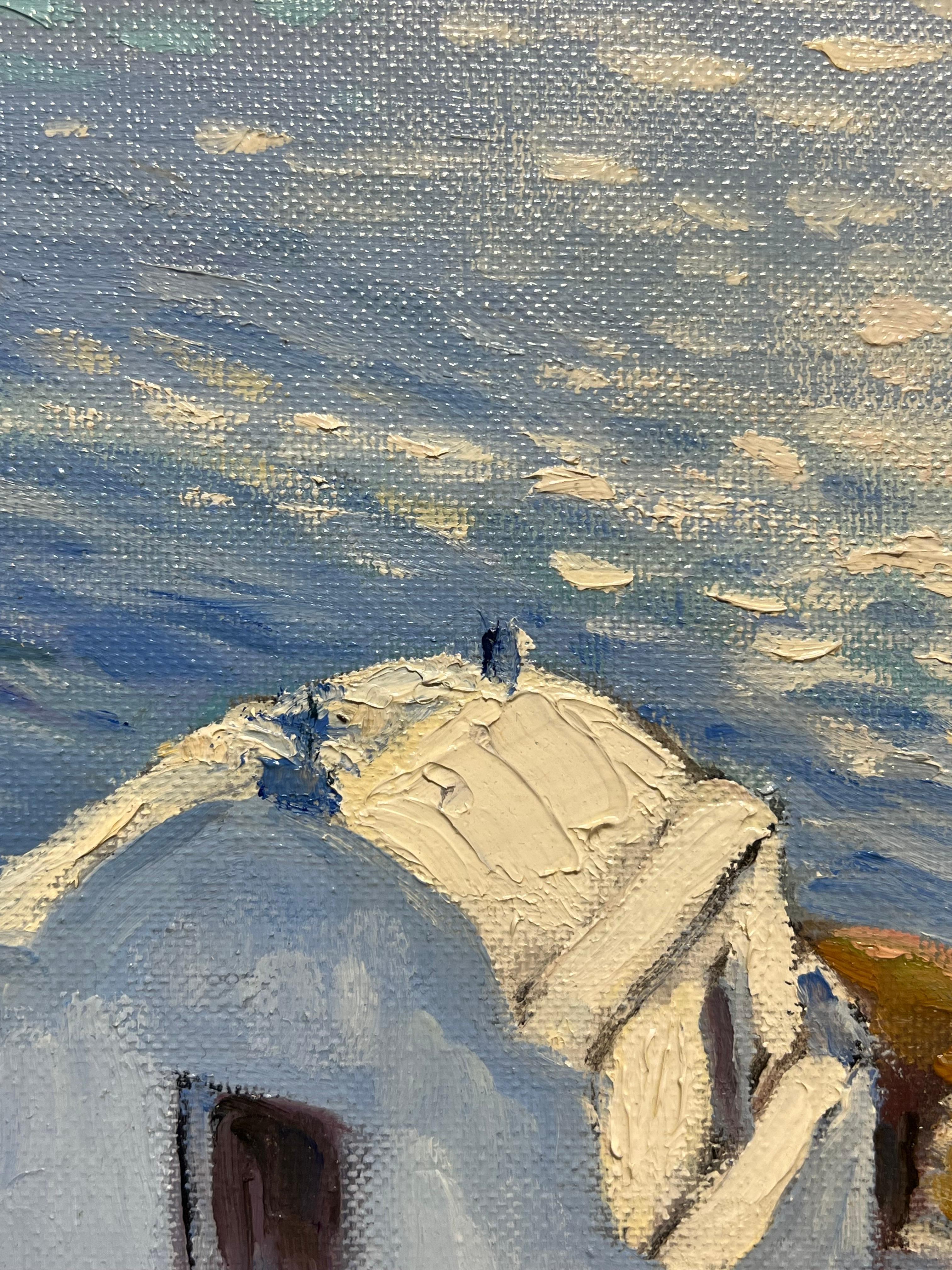 Sunrise Golden Light Greek Coastline & Chapel by Sea Peinture à l'huile impressionniste en vente 5