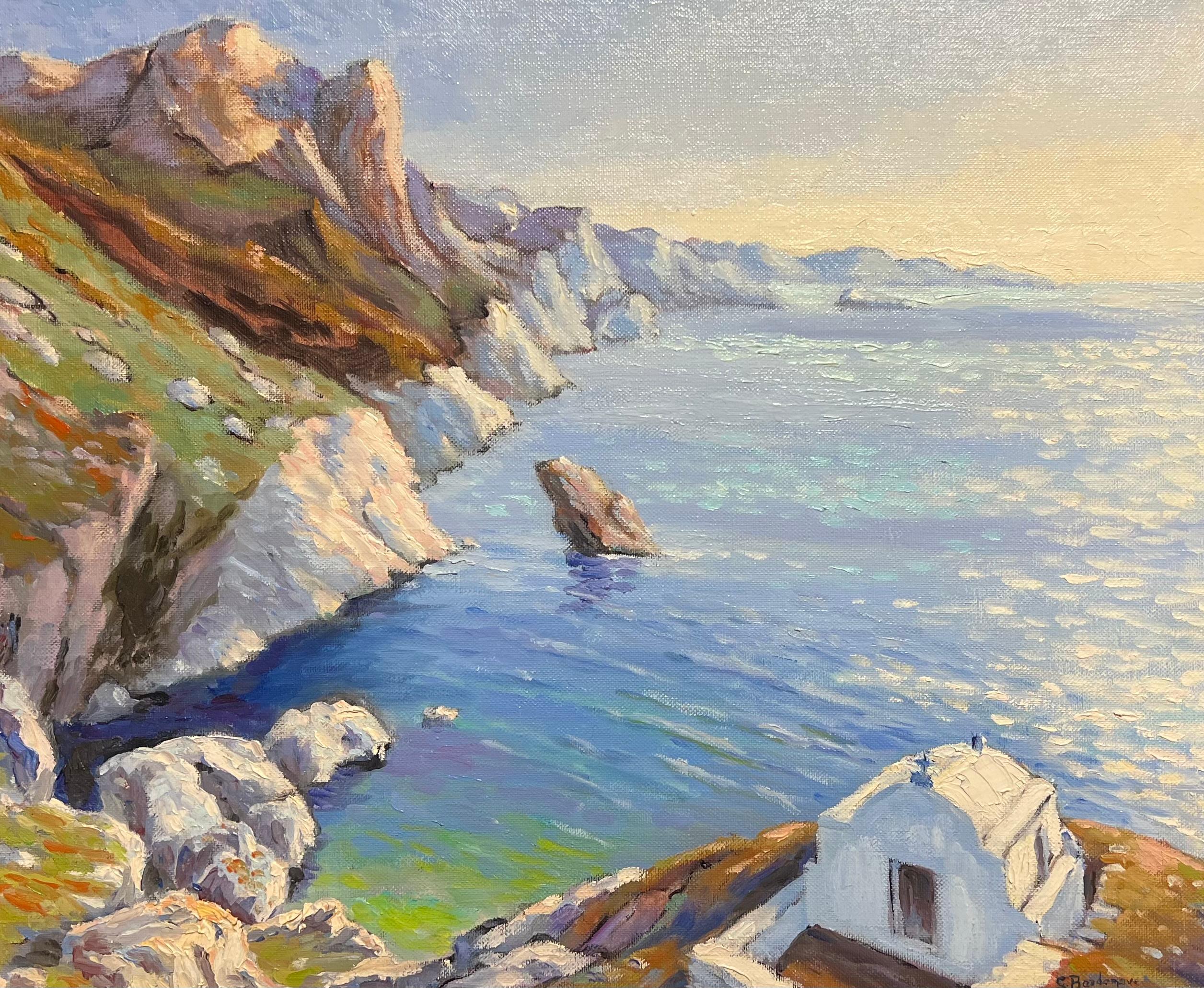 Sunrise Golden Light Greek Coastline & Chapel by Sea Peinture à l'huile impressionniste - Painting de Georges Bordonove