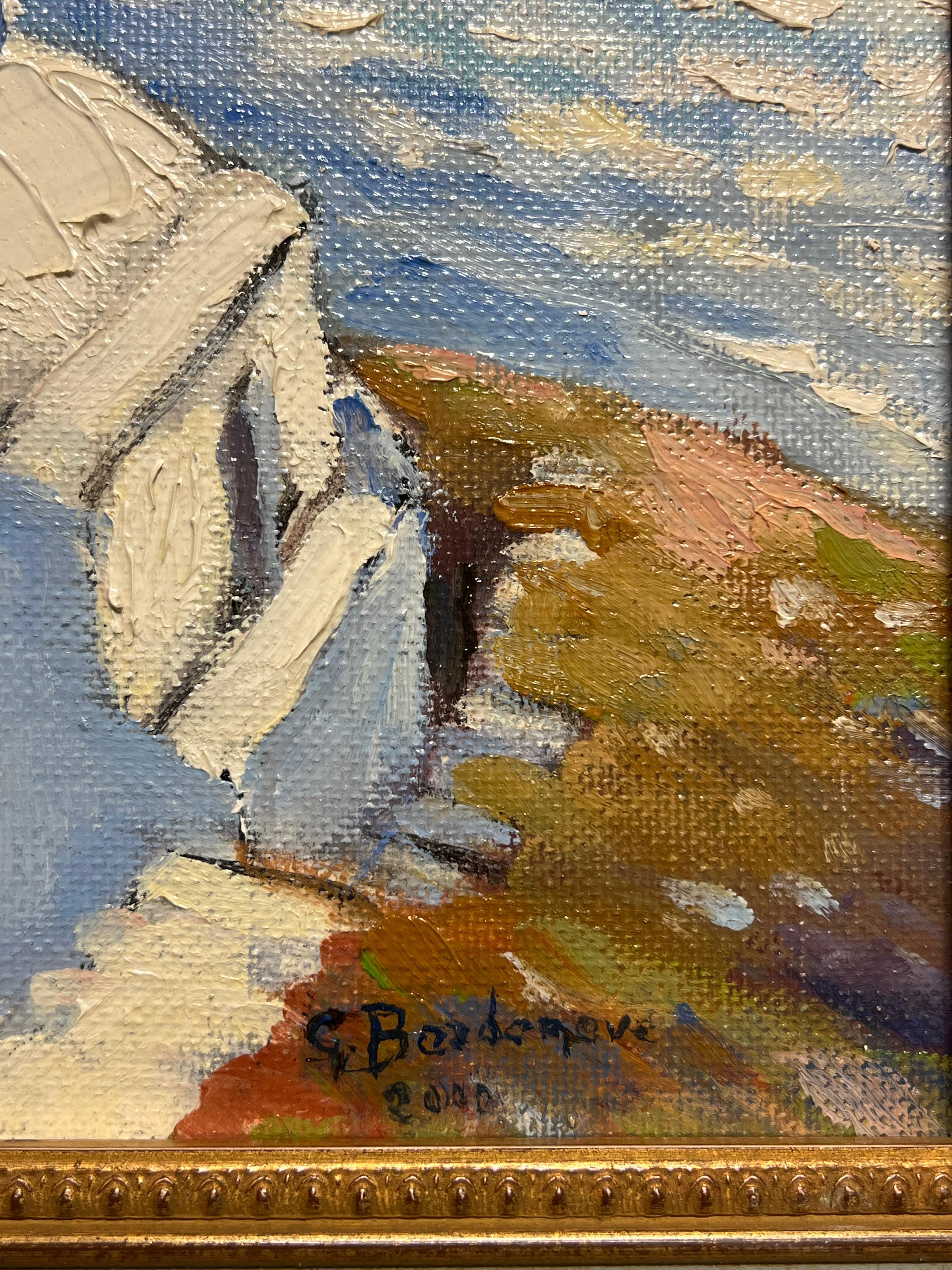 Sunrise Golden Light Greek Coastline & Chapel by Sea Peinture à l'huile impressionniste - Impressionnisme Painting par Georges Bordonove