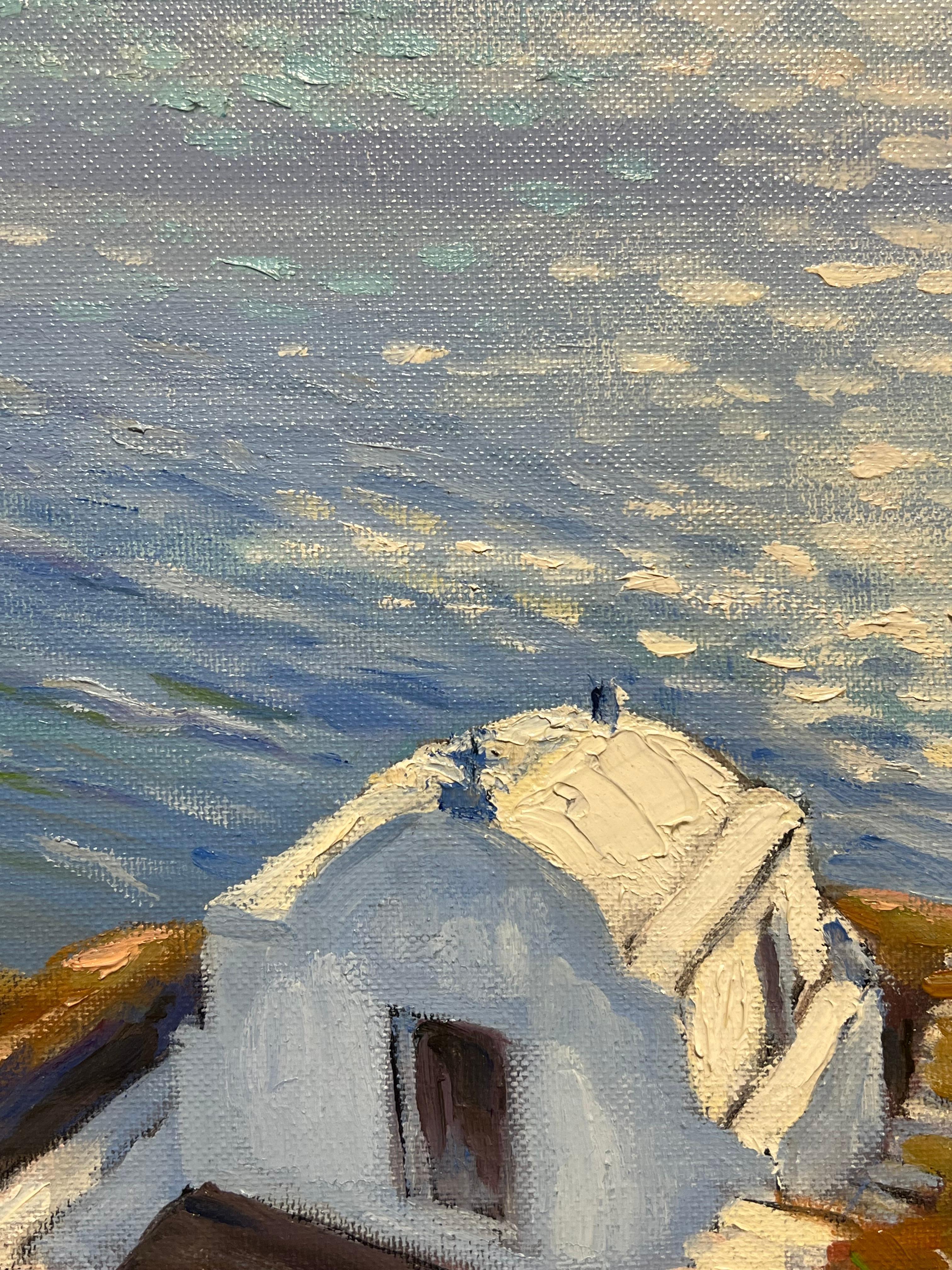 Sunrise Golden Light Greek Coastline & Chapel by Sea Peinture à l'huile impressionniste - Marron Landscape Painting par Georges Bordonove