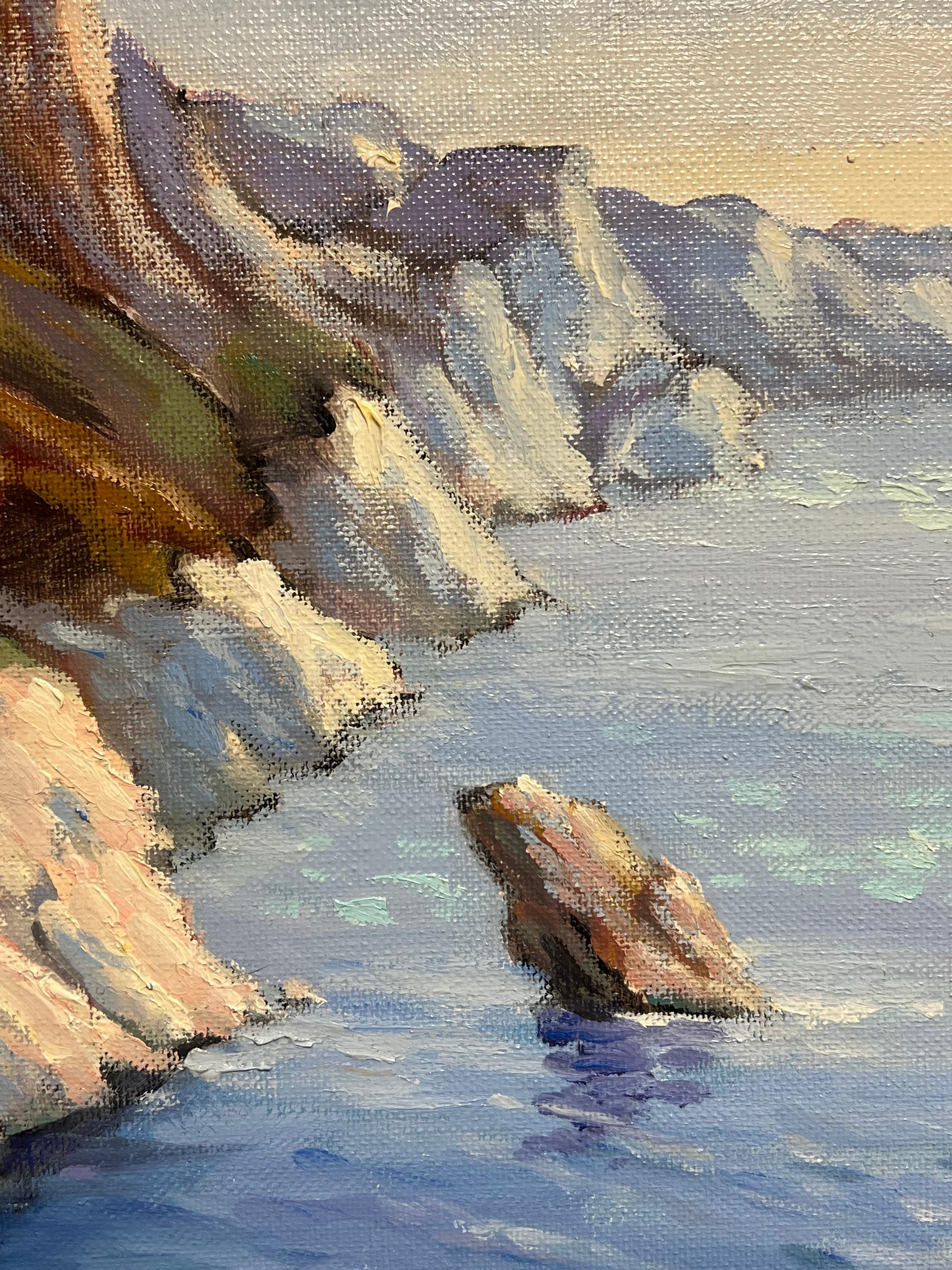 Sunrise Golden Light Greek Coastline & Chapel by Sea Peinture à l'huile impressionniste en vente 1
