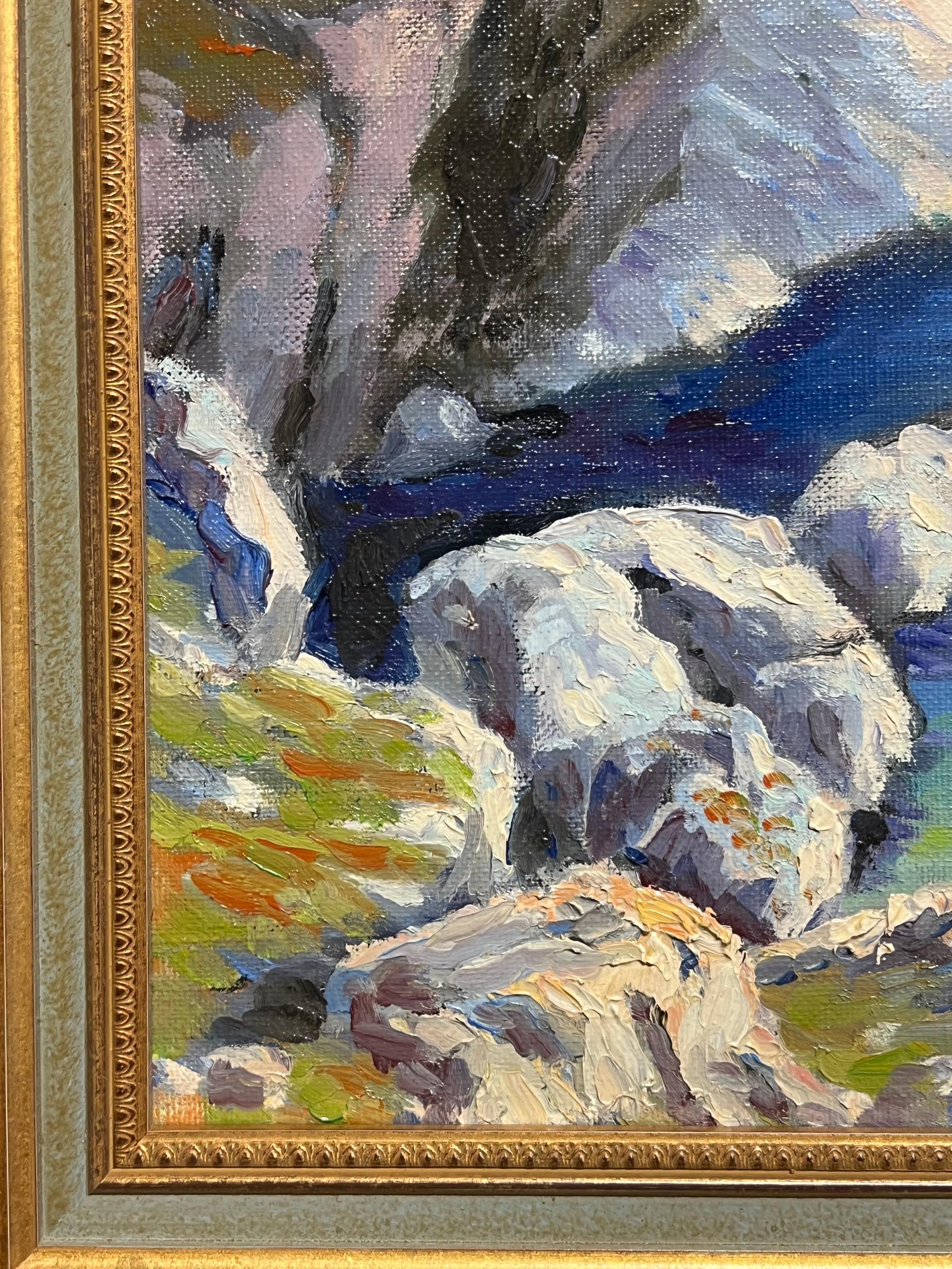 Sunrise Golden Light Greek Coastline & Chapel by Sea Peinture à l'huile impressionniste en vente 4
