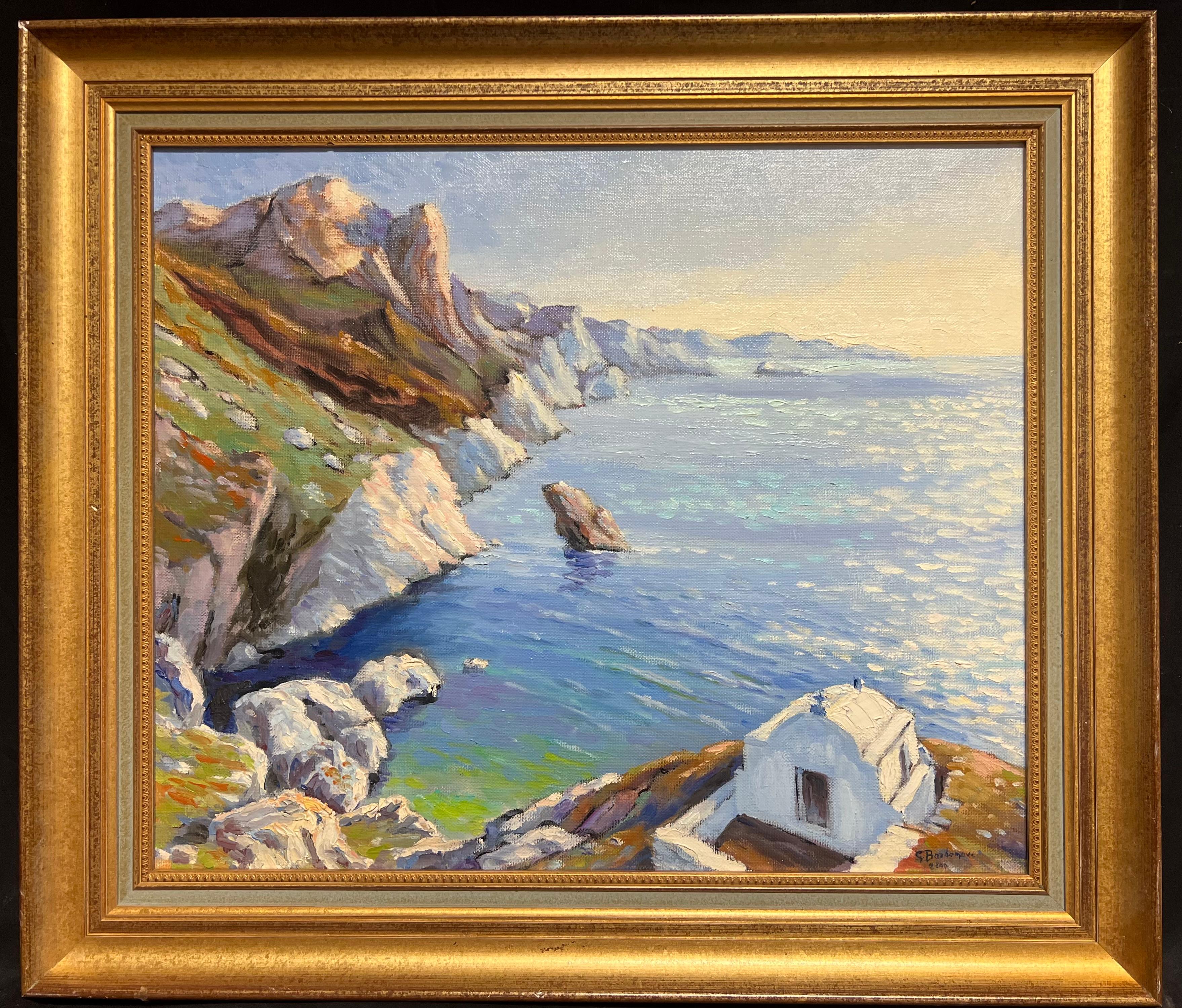 Landscape Painting Georges Bordonove - Sunrise Golden Light Greek Coastline & Chapel by Sea Peinture à l'huile impressionniste