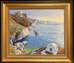 Sunrise Golden Light Greek Coastline & Chapel by Sea Impressionist Oil Painting