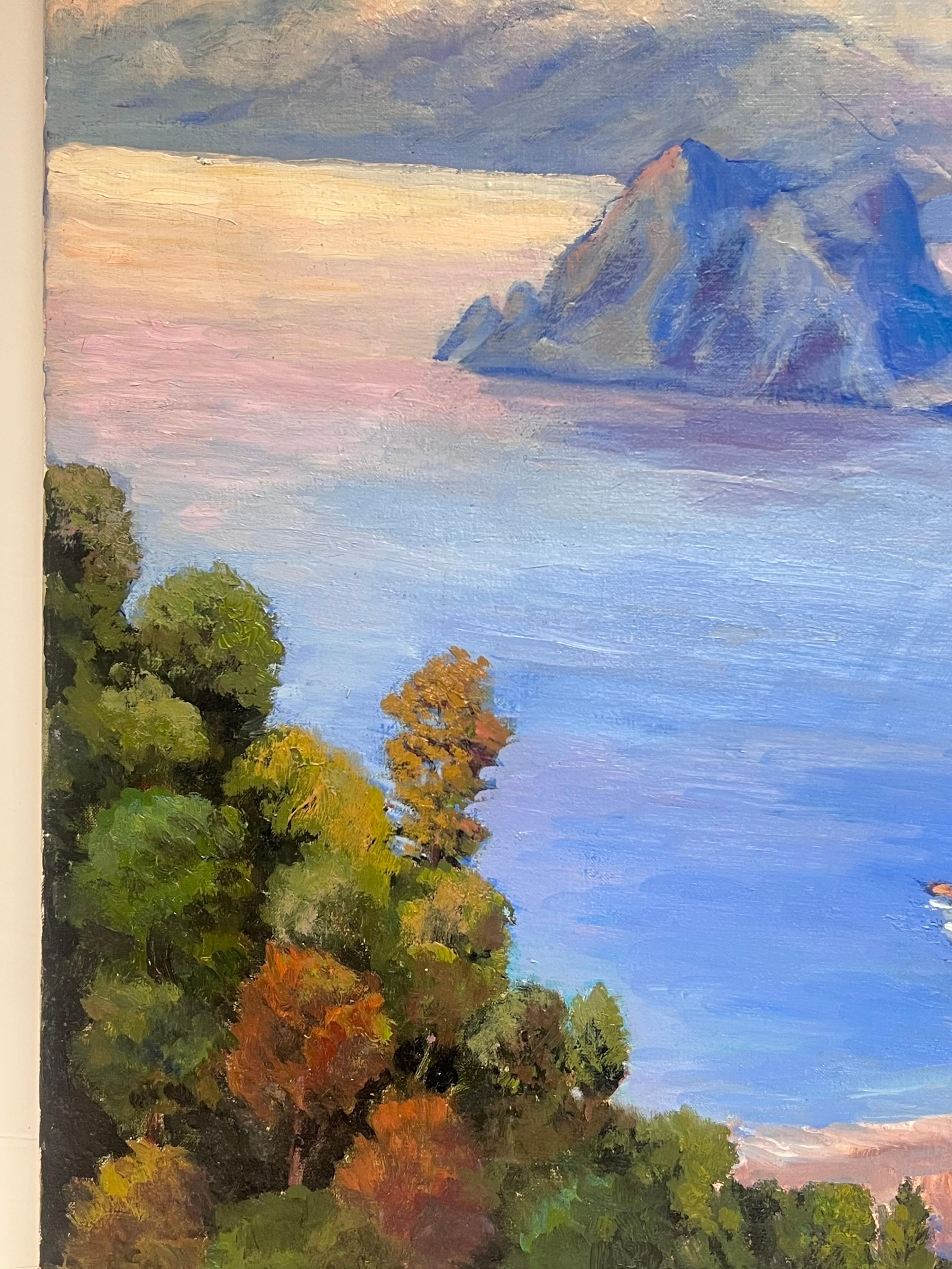 Towering Coral Cliffs Over Bright Blue Sea French Impressionist Oil Painting - Gray Landscape Painting by Georges Bordonove
