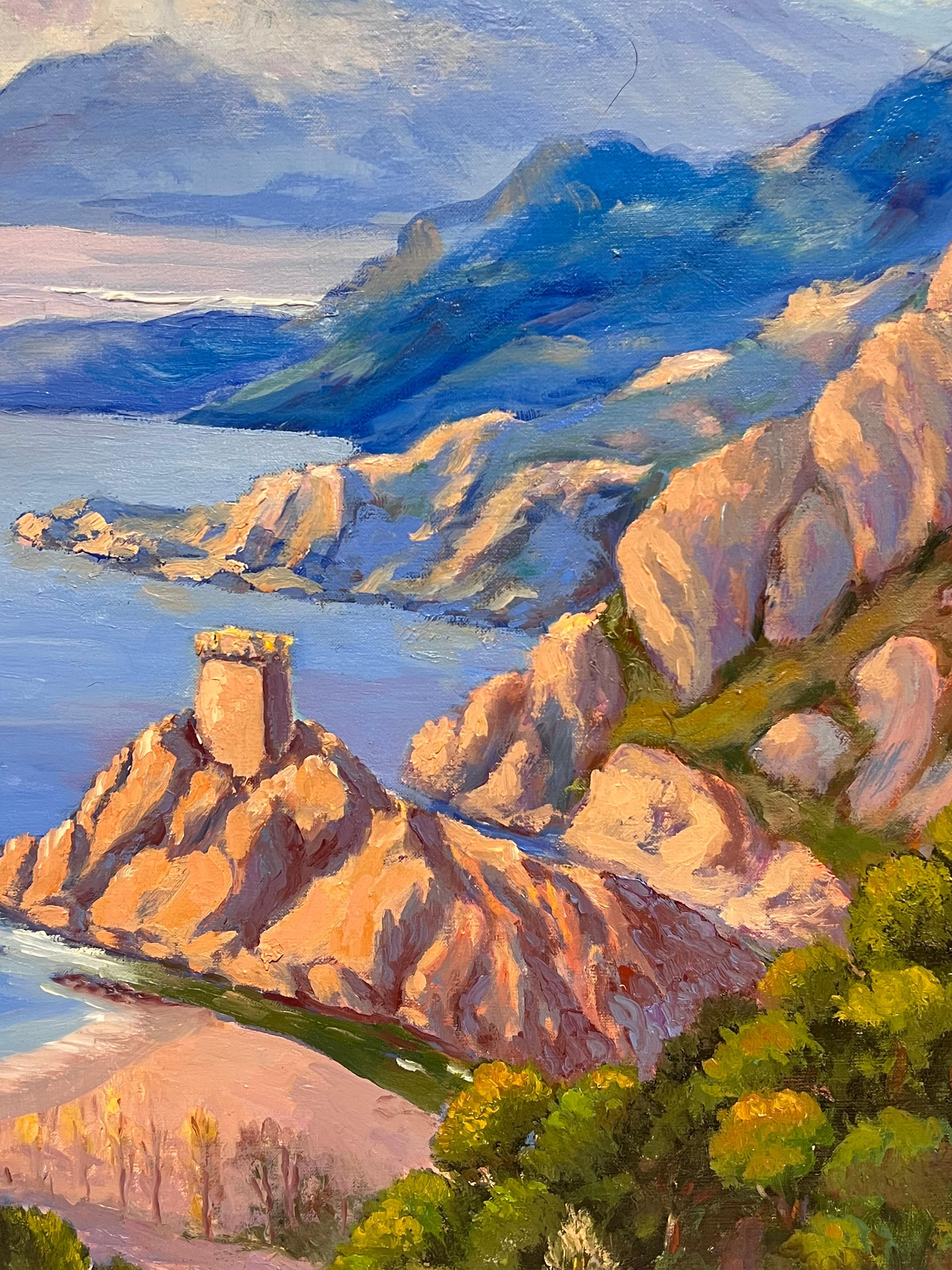 Towering Coral Cliffs Over Bright Blue Sea French Impressionist Oil Painting For Sale 1