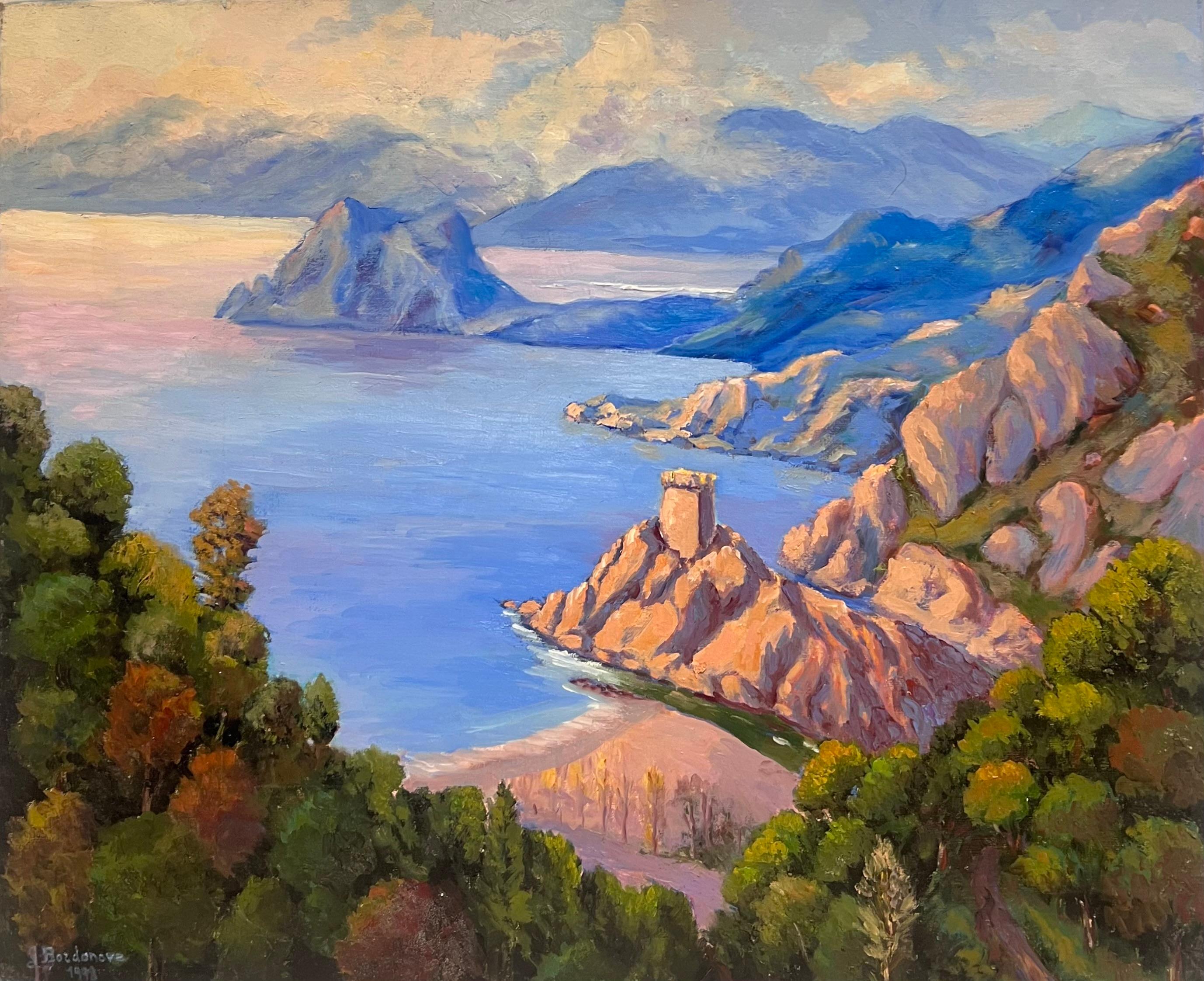 Towering Coral Cliffs Over Bright Blue Sea French Impressionist Oil Painting For Sale 2