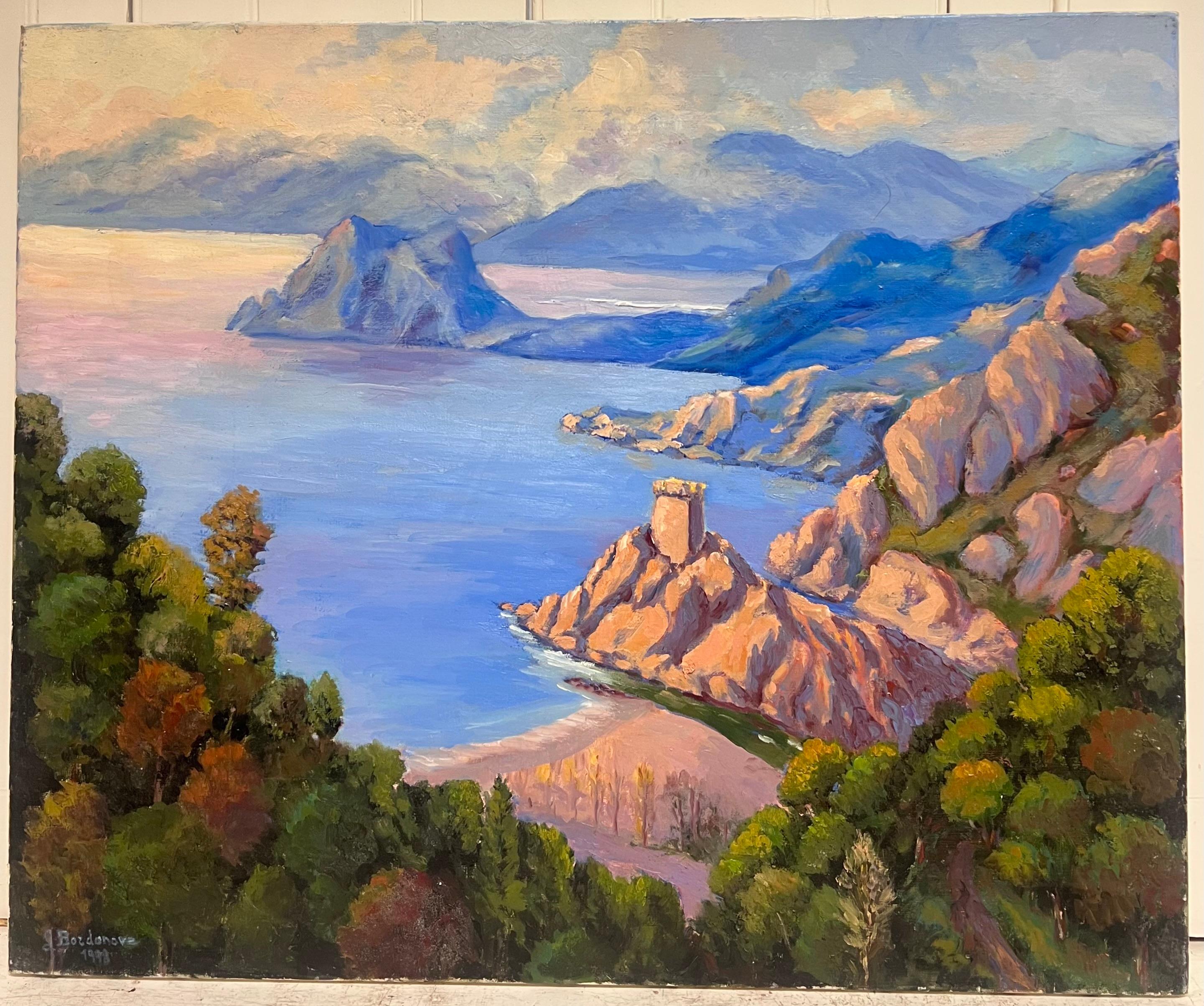 Towering Coral Cliffs Over Bright Blue Sea French Impressionist Oil Painting For Sale 3