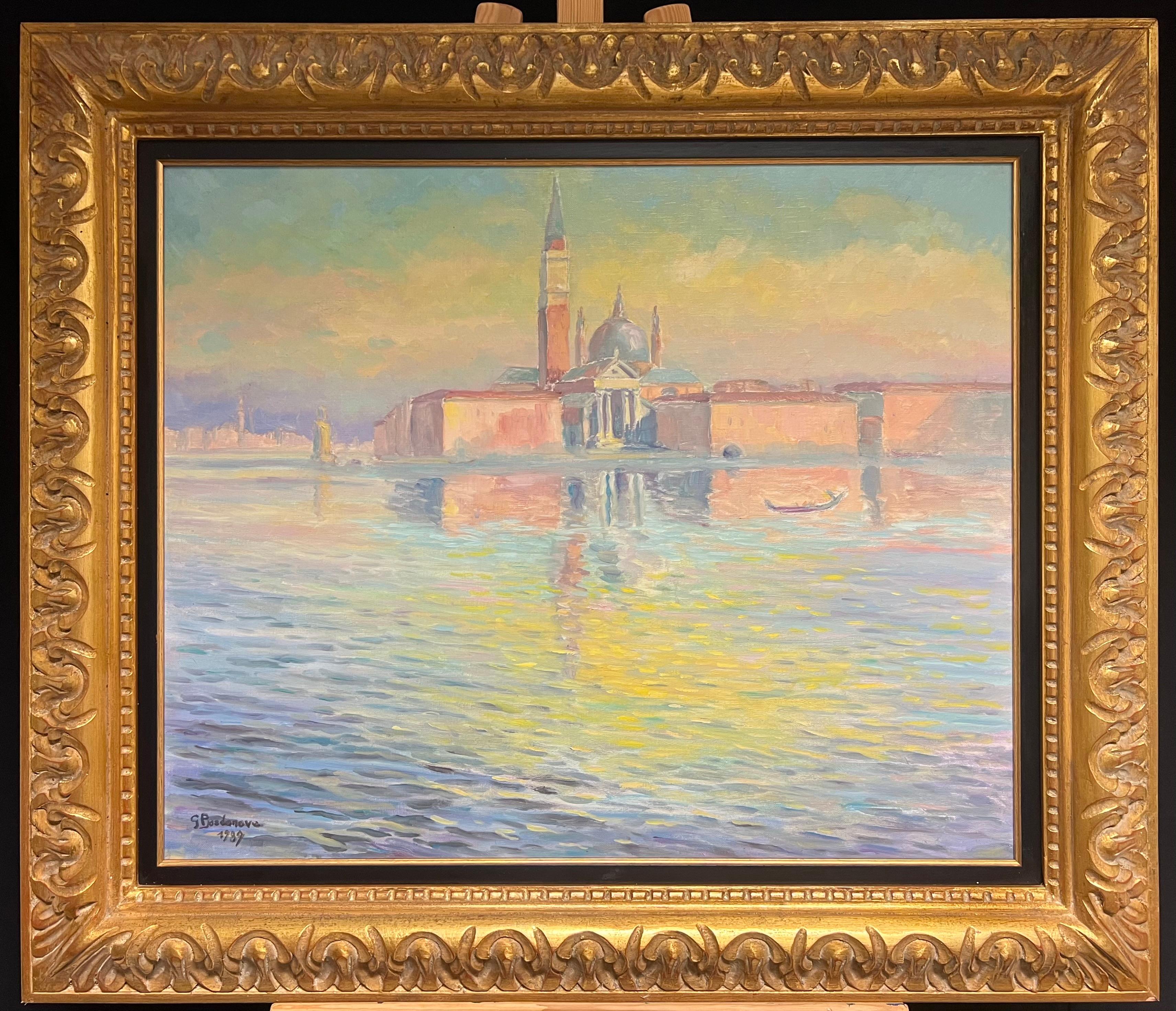 San Giorgio Maggiore
signed by Georges Bordonave (French contemporary)
dated 1989
oil painting on canvas, framed
framed: 32 x 37 inches
canvas: 24 x 29 inches
condition: very good
provenance: from a large private collection of this artists work,