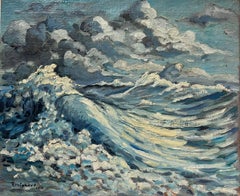 Französisch-impressionistisches signiertes Ölgemälde, Stormy Raging Seas, Vintage