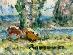 Pittura a olio firmata del 1960, francese post-impressionista, con bestiame al pascolo e paesaggi fluviali