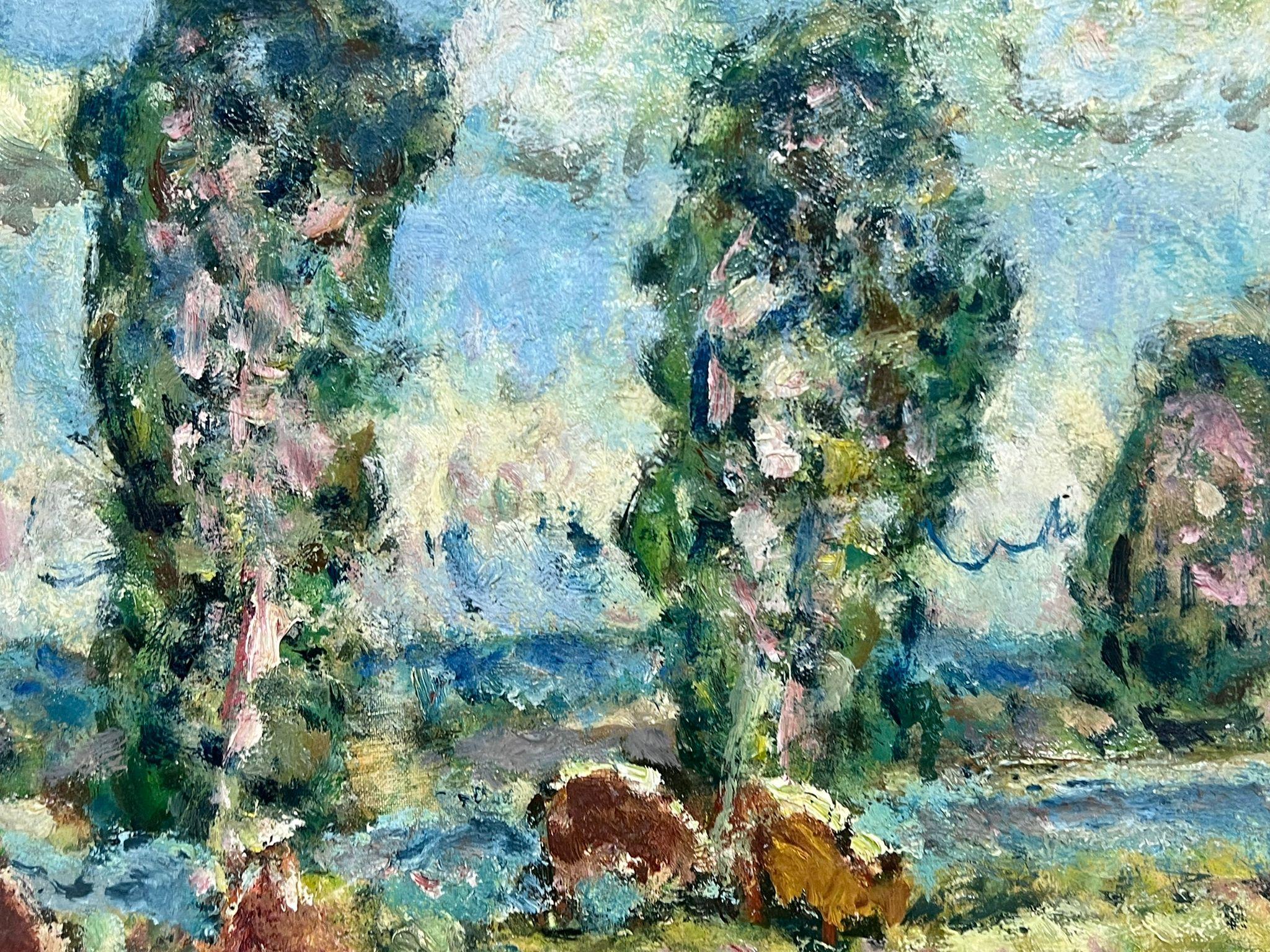 1960's French Post-Impressionist Signed Oil Painting Cattle Grazing River Landsc For Sale 2