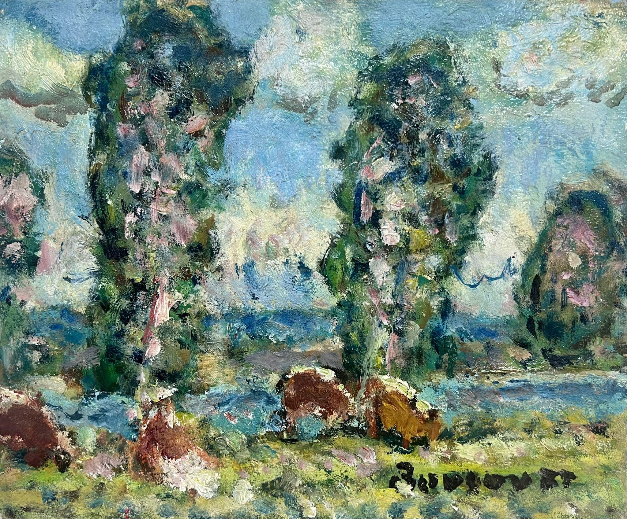 Georges Bousquait Landscape Painting - 1960's French Post-Impressionist Signed Oil Painting Cattle Grazing River Landsc