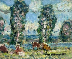 Peinture à l'huile post-impressionniste française des années 1960, signée Cattle Grazing River Landsc
