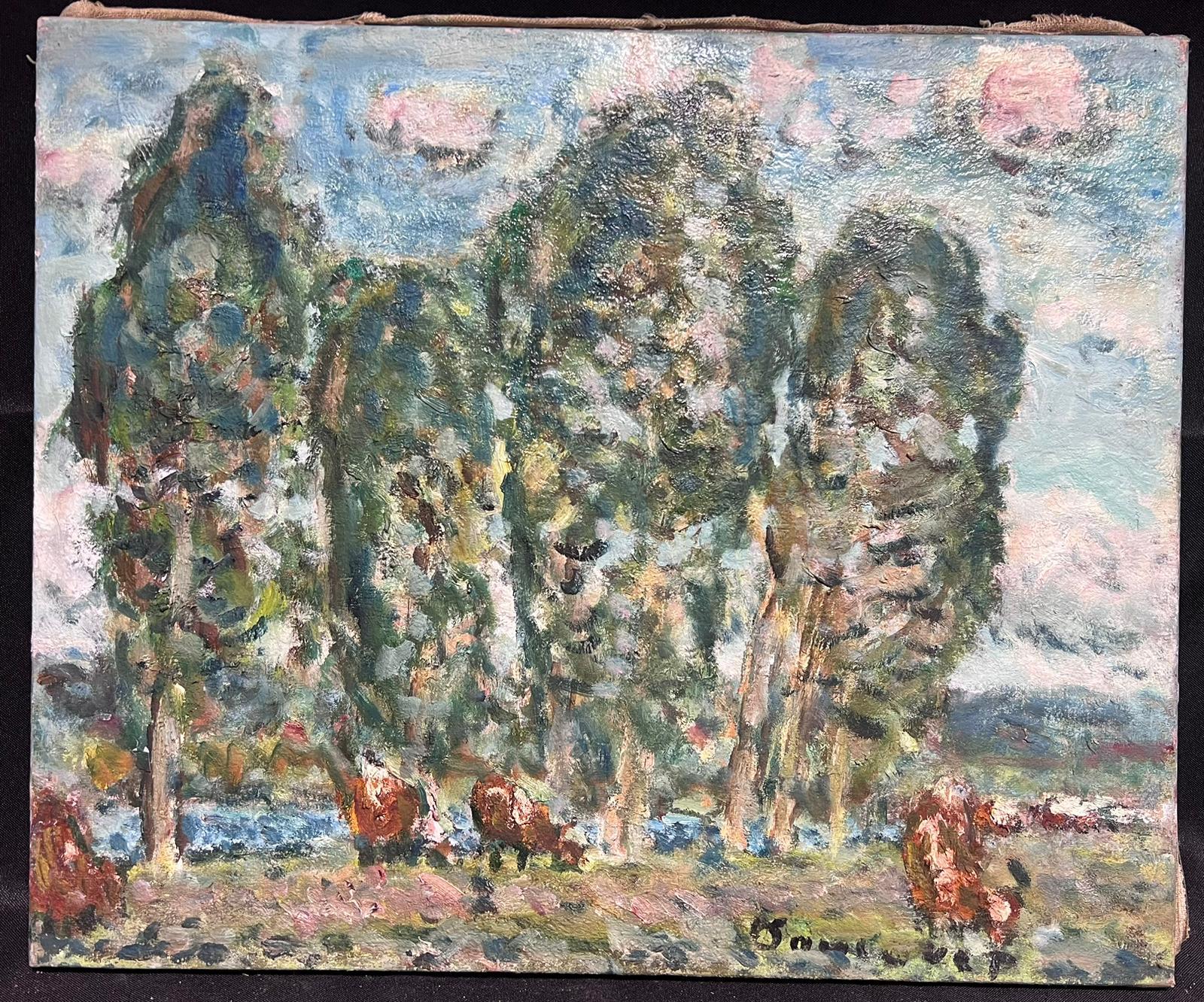 Mid 20th Century Banks Of The Charente in Chatain France Landscape Cows and Tree - Painting by Georges Bousquait