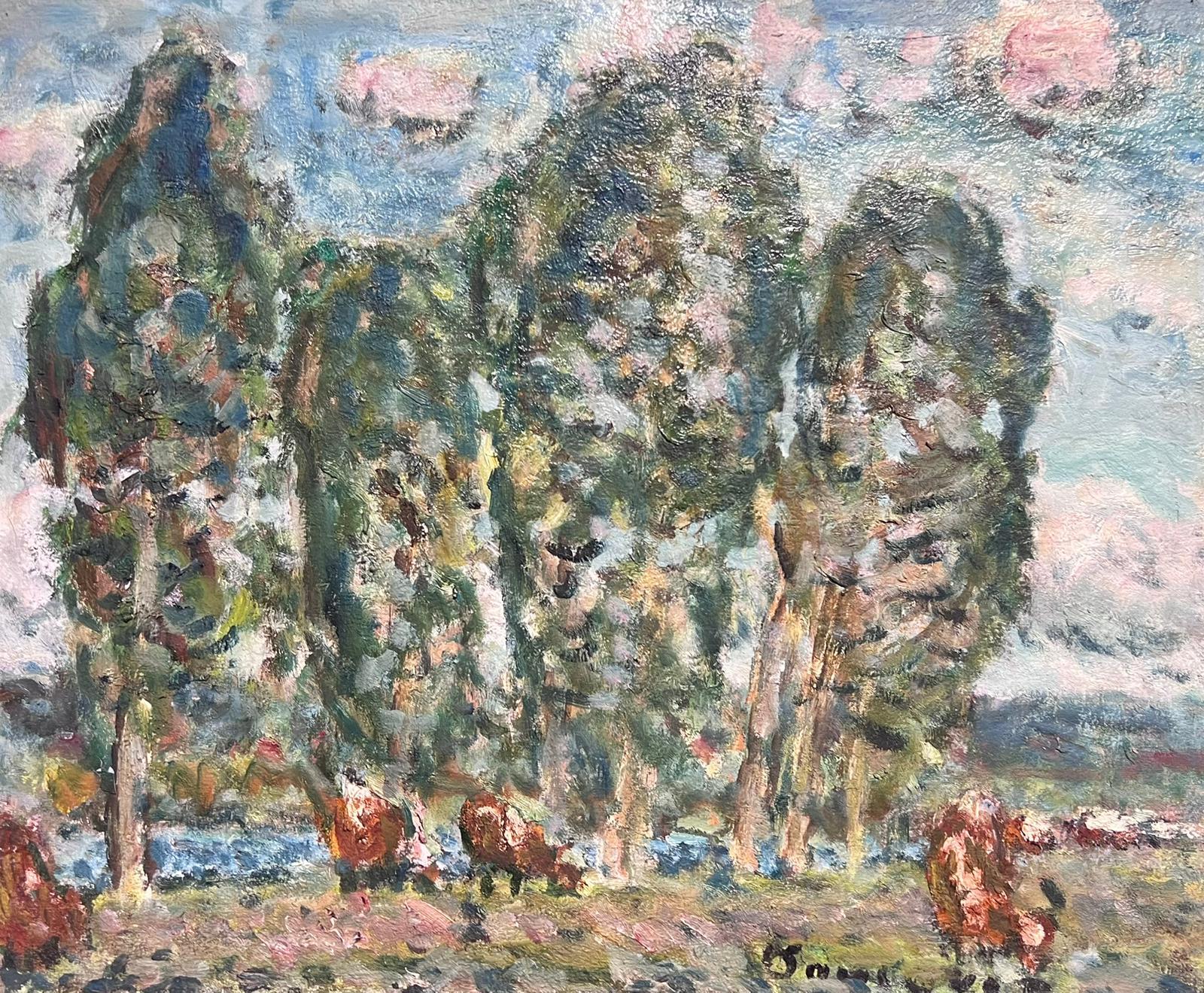 Georges Bousquait Landscape Painting - Mid 20th Century Banks Of The Charente in Chatain France Landscape Cows and Tree