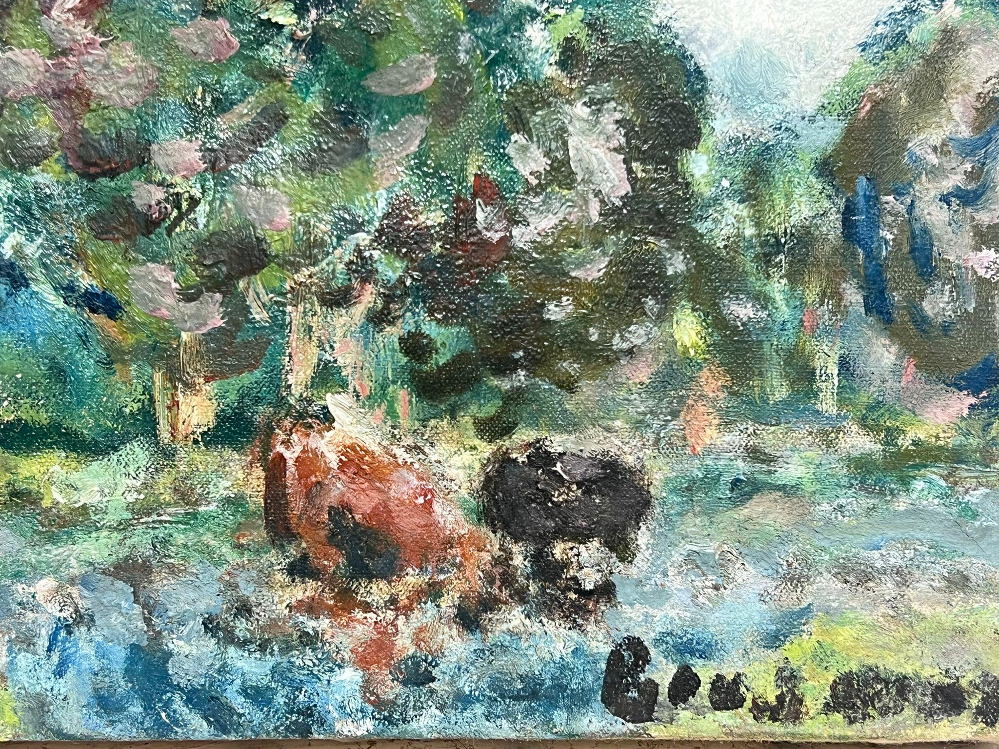 Mid 20th Century French Post-Impressionist Cows Drinking In The River Landscape - Modern Painting by Georges Bousquait