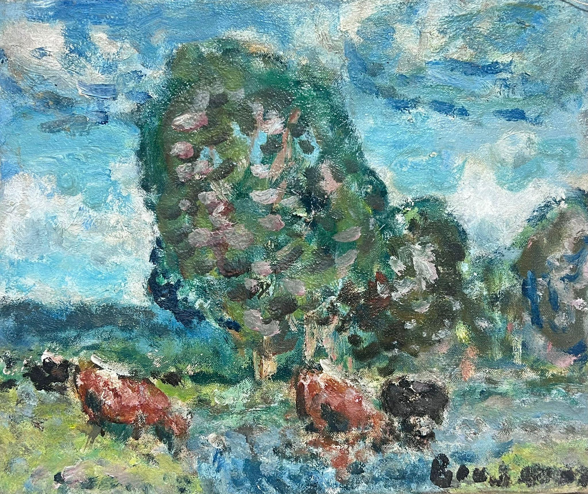 Französische postimpressionistische Kühe, das in der Flusslandschaft Trinken, Mitte des 20. Jahrhunderts