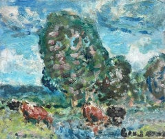 Le milieu du 20e siècle, post-impressionniste français, buvant des vaches dans un paysage fluvial