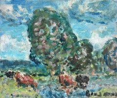 Paisaje postimpresionista francés de mediados del siglo XX Vacas bebiendo en el río