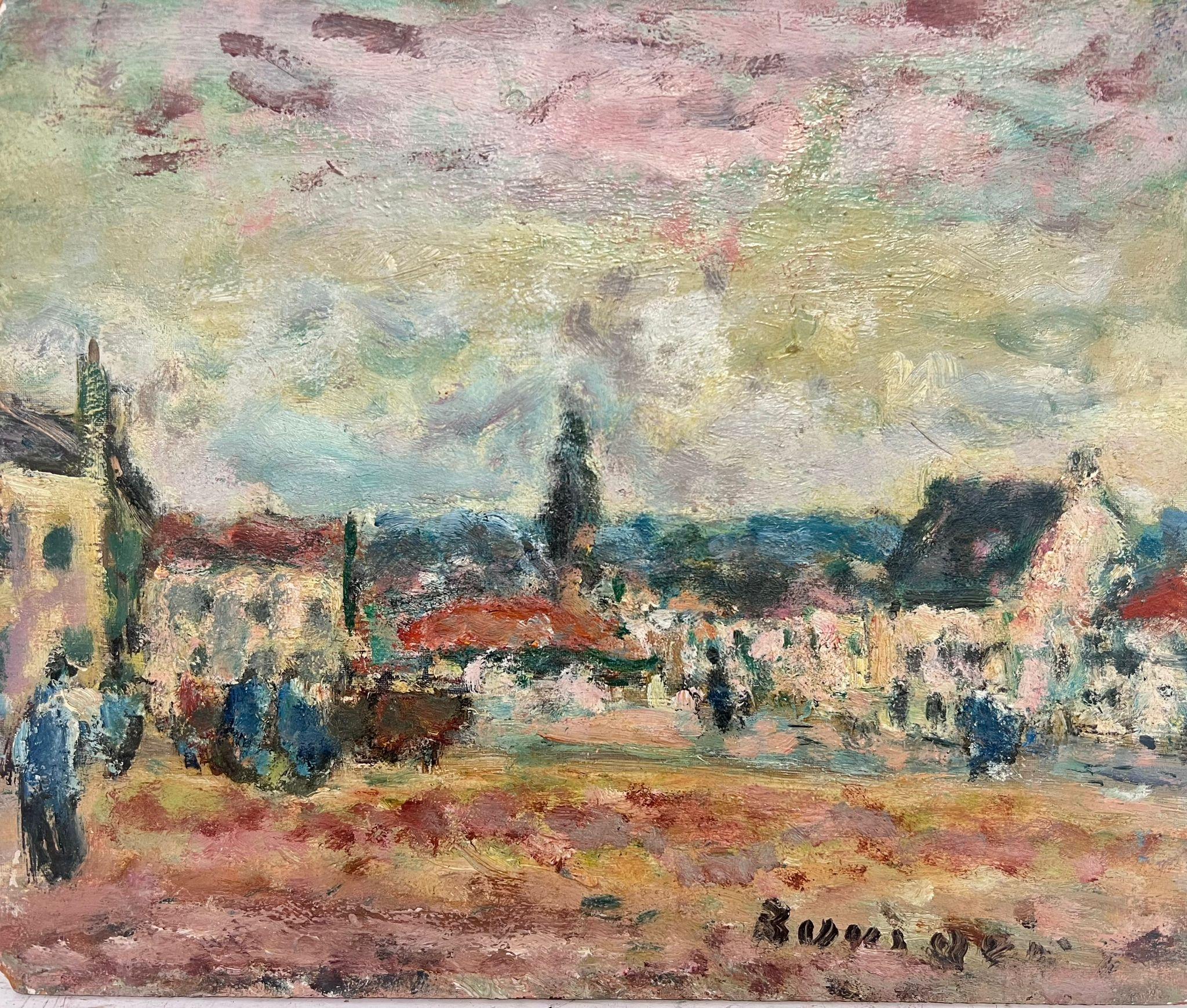 Georges Bousquait Landscape Painting - Mid 20th Century French Post-Impressionist Grand Place De Charroux Vienna Town
