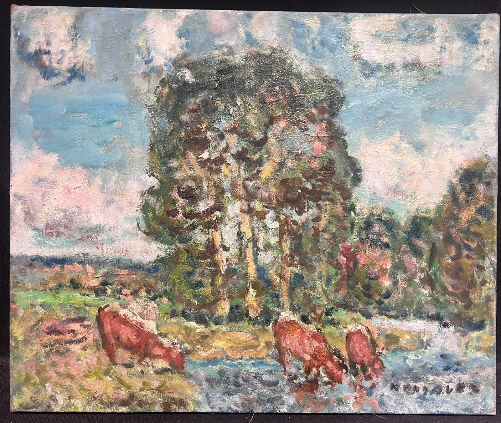 Olio post-impressionista francese della metà del XX secolo Mucche che bevono da un paesaggio lacustre - Painting di Georges Bousquait