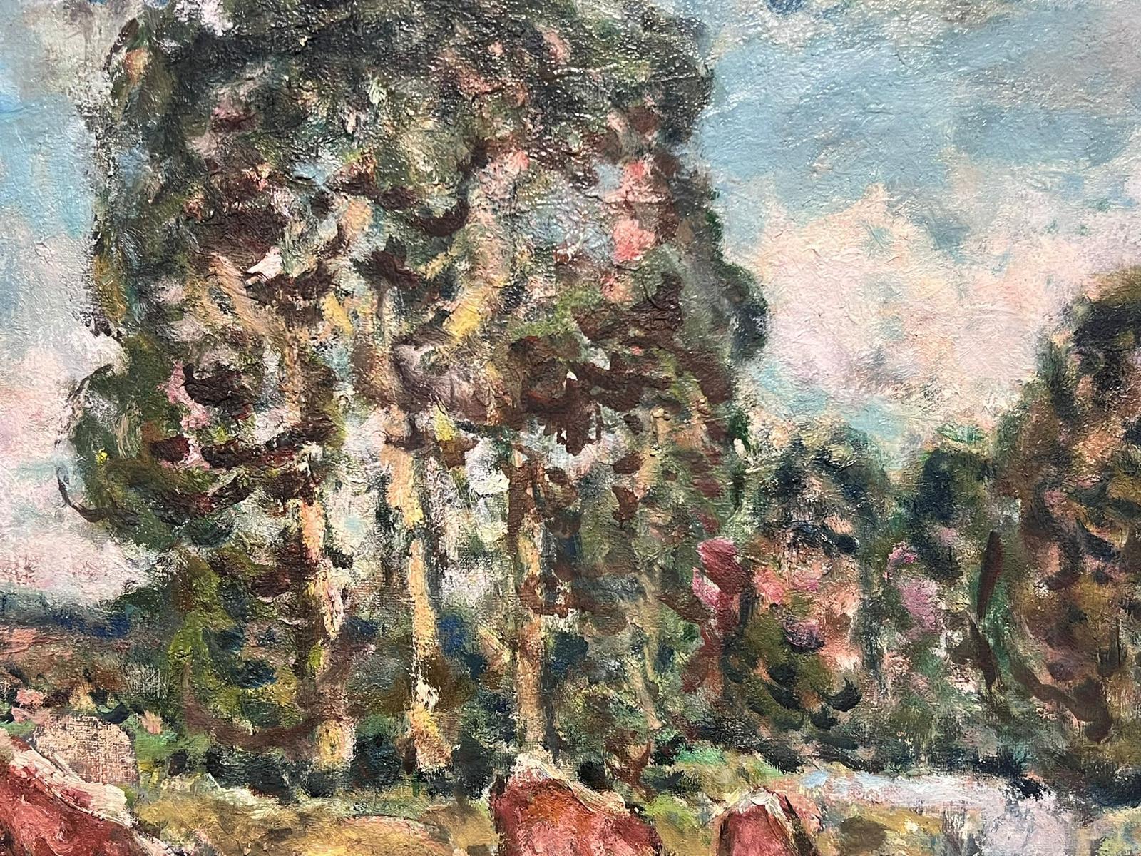Olio post-impressionista francese della metà del XX secolo Mucche che bevono da un paesaggio lacustre - Painting Moderno di Georges Bousquait