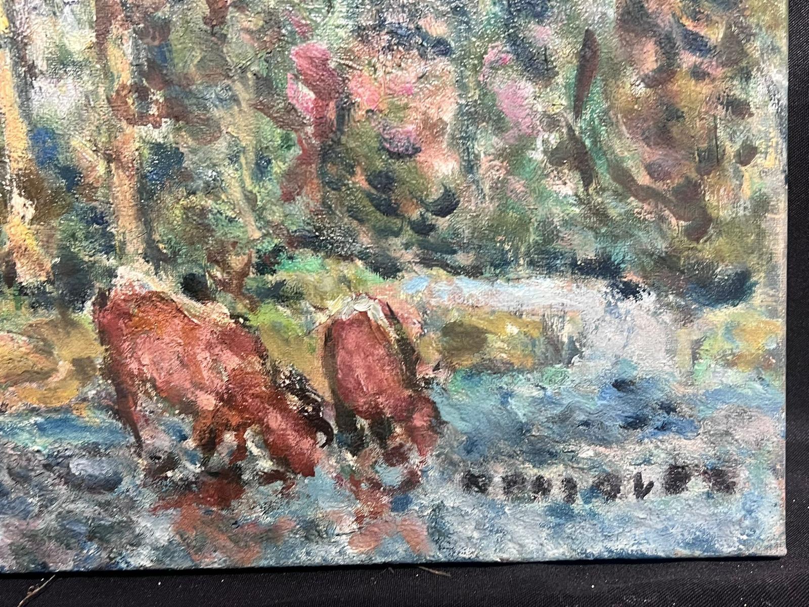 Olio post-impressionista francese della metà del XX secolo Mucche che bevono da un paesaggio lacustre - Animal Painting Grigio di Georges Bousquait