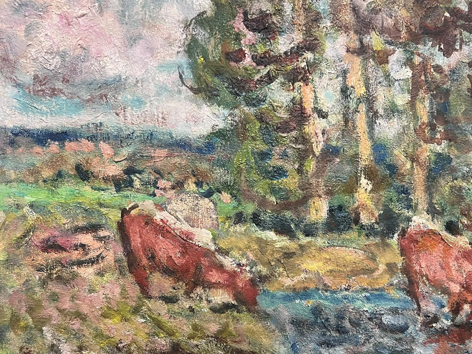 Mid 20th Century French Post-Impressionist Oil Cows Drinking From Lake Landscape For Sale 1