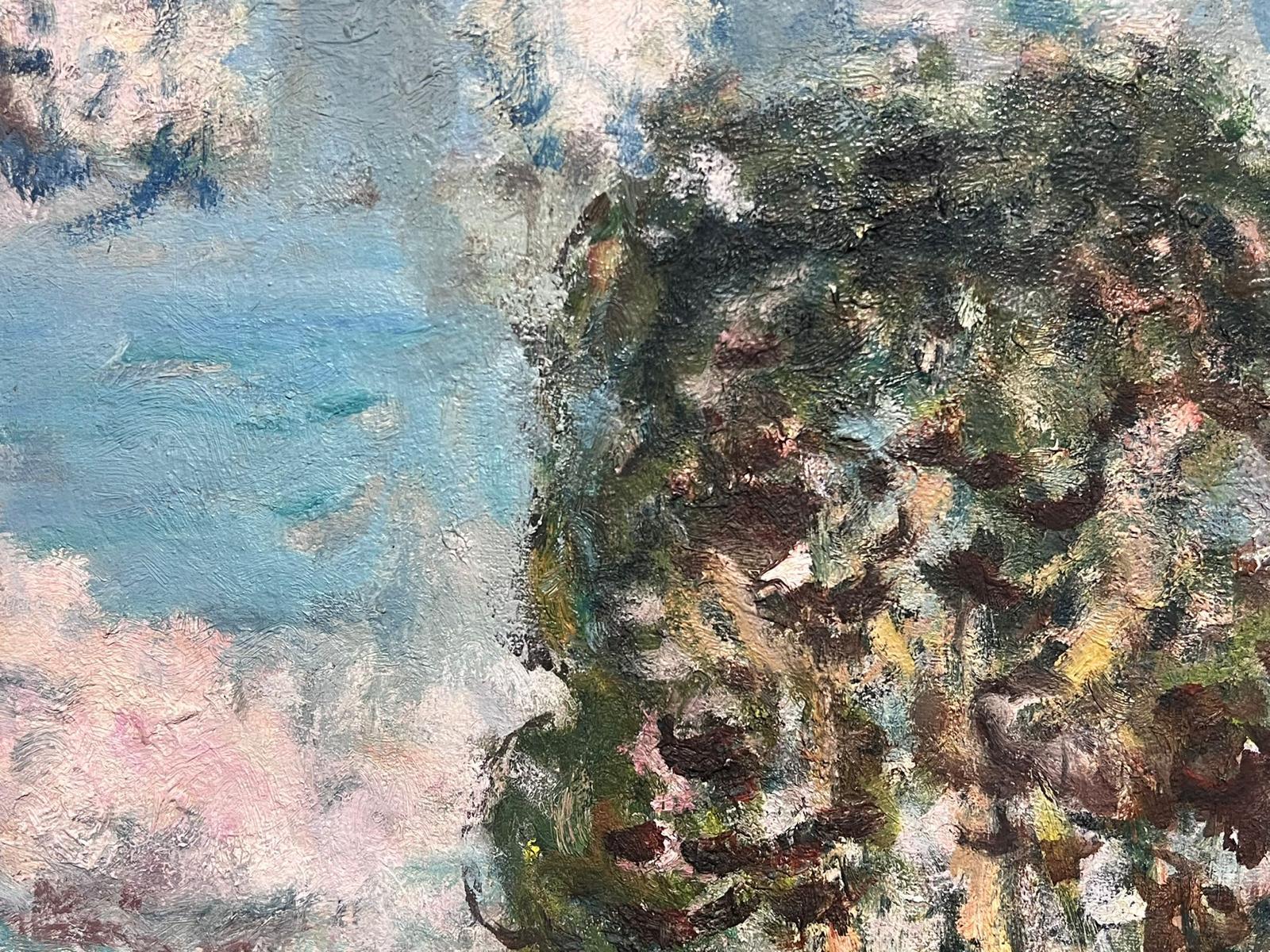 Olio post-impressionista francese della metà del XX secolo Mucche che bevono da un paesaggio lacustre in vendita 1