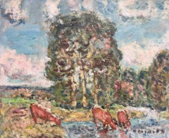 Vintage Mid 20th Century French Post-Impressionist Oil Cows Drinking From Lake Landscape