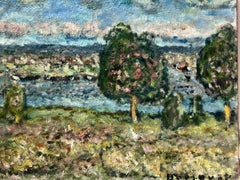 Huile post-impressionniste française du milieu du 20e siècle, signée, côte à côte de la rivière