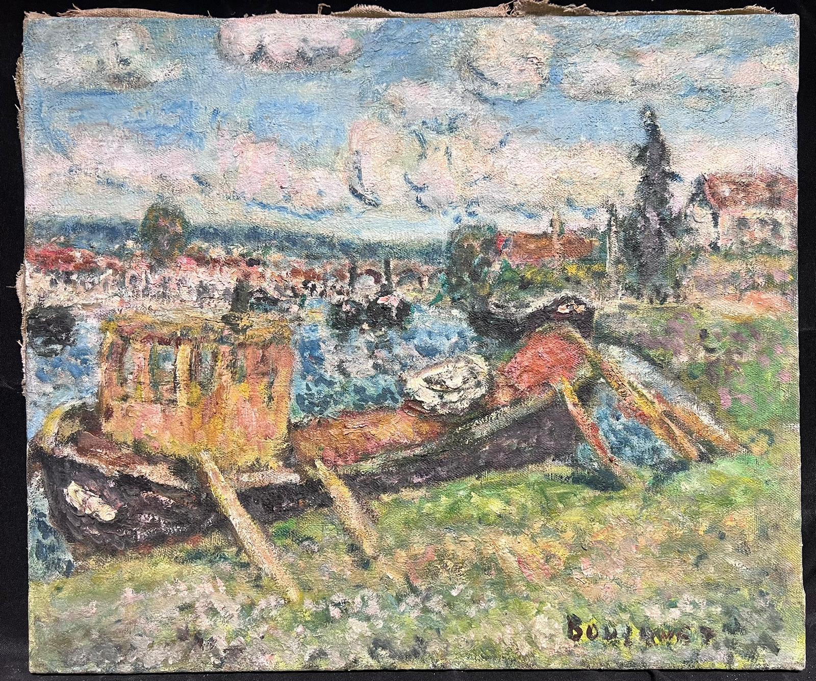 Mid 20th Century French Post-Impressionist Signed Oil Boatyard River Landscape - Painting by Georges Bousquait